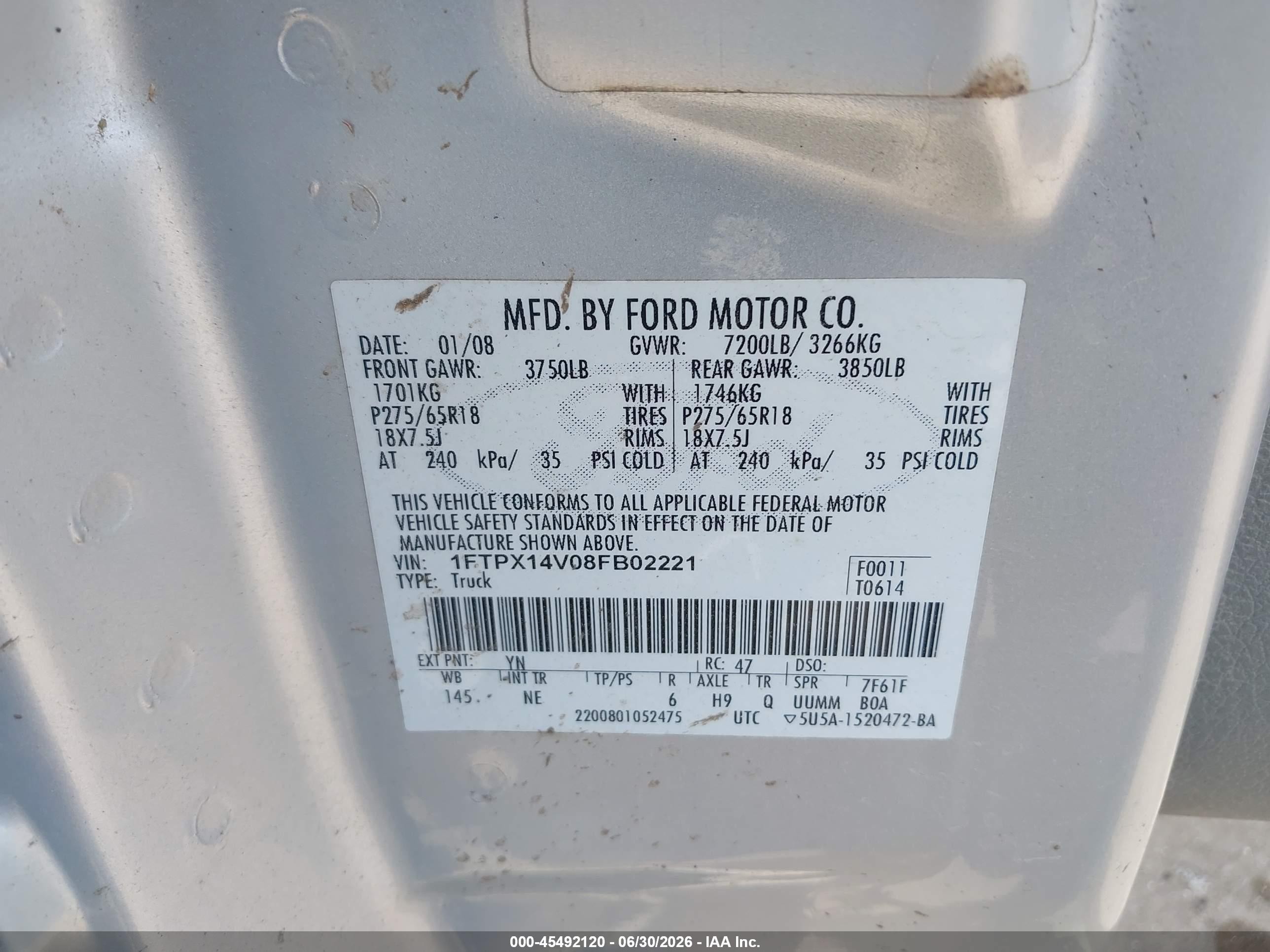 2008 Ford F-150 60th Anniversary/fx4/lariat/xl/xlt Silver vin: 1FTPX14V08FB02221