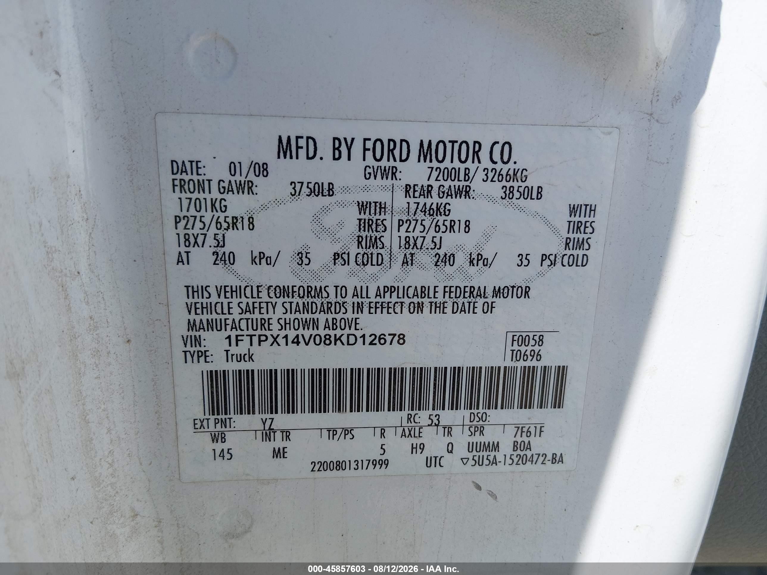 2008 Ford F-150 60th Anniversary/fx4/lariat/xl/xlt White vin: 1FTPX14V08KD12678