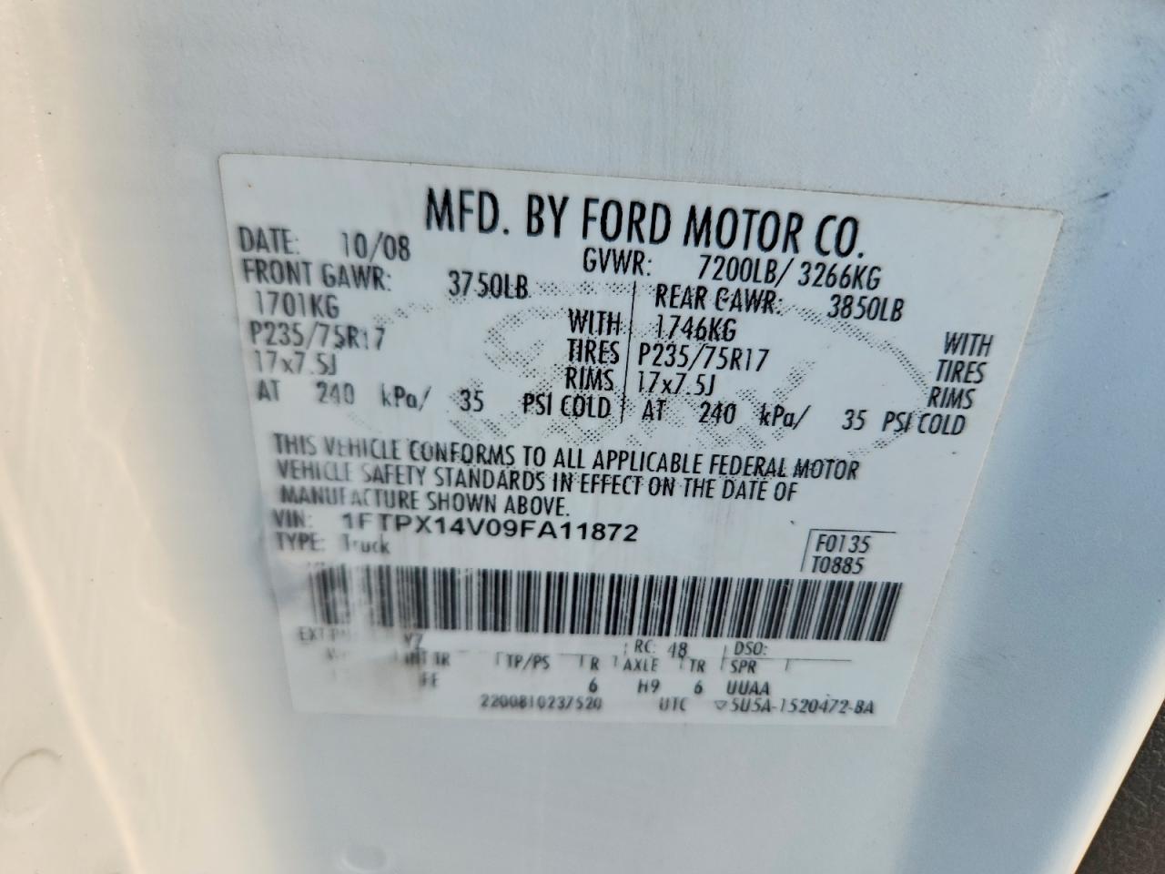 2009 Ford F150 Super Cab White vin: 1FTPX14V09FA11872