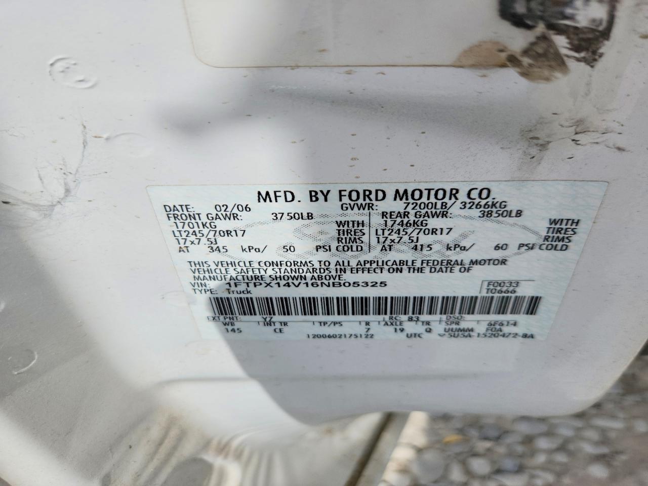 2006 Ford F150 White vin: 1FTPX14V16NB05325