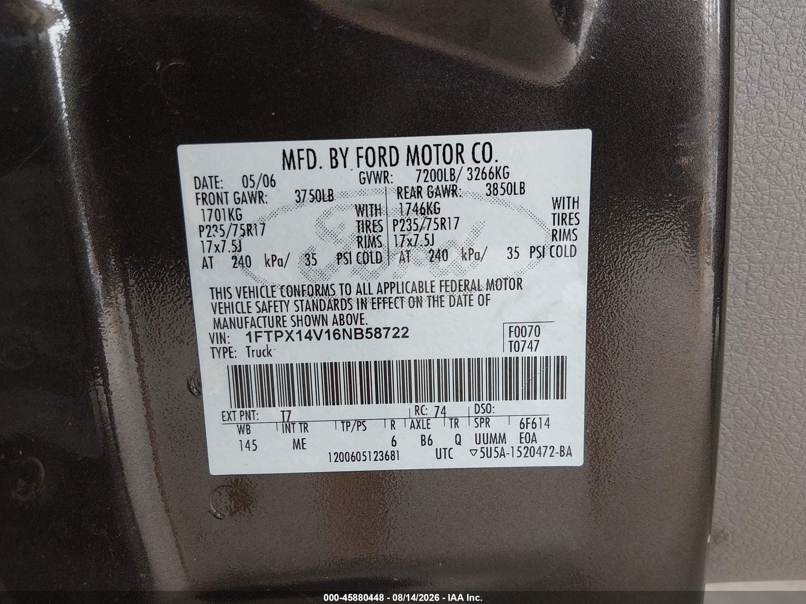 2006 Ford F-150 Fx4/lariat/xl/xlt Gray vin: 1FTPX14V16NB58722