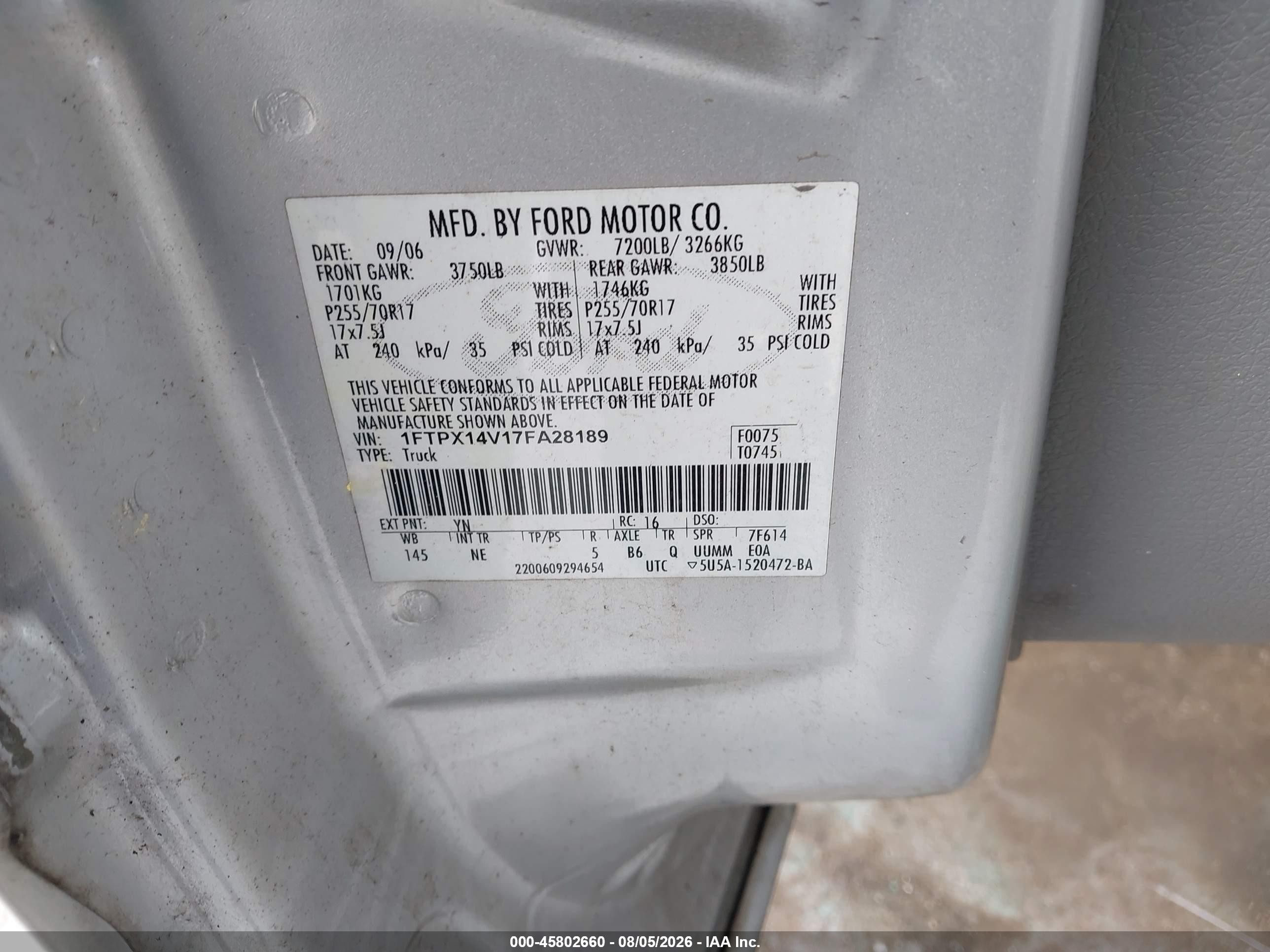 2007 Ford F-150 Fx4/lariat/xl/xlt Silver vin: 1FTPX14V17FA28189