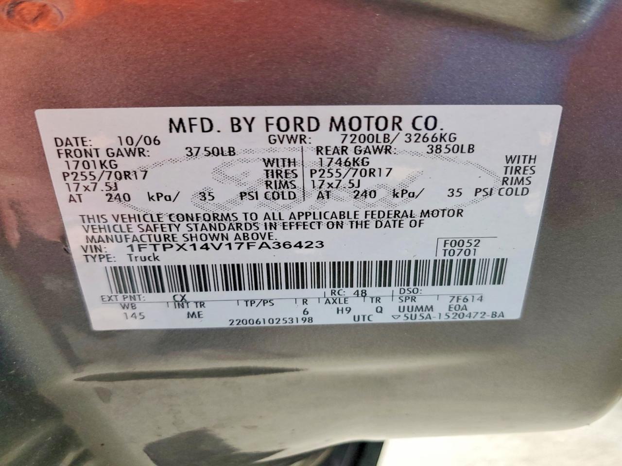 2007 Ford F150 Gray vin: 1FTPX14V17FA36423