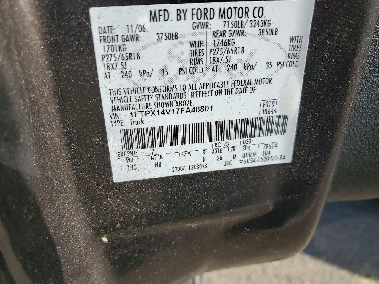 2007 Ford F150 Gray vin: 1FTPX14V17FA48801