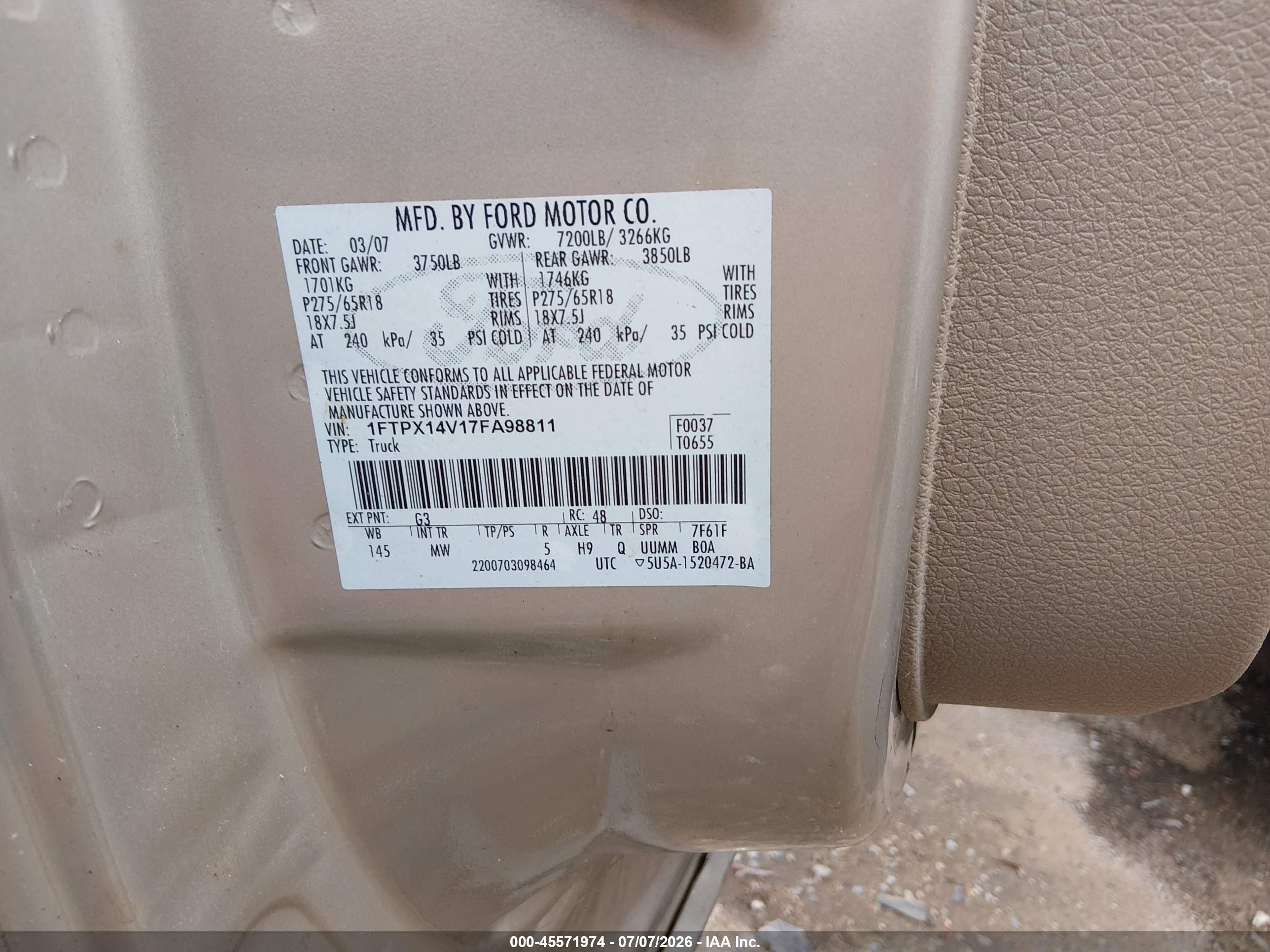 2007 Ford F-150   Gold vin: 1FTPX14V17FA98811