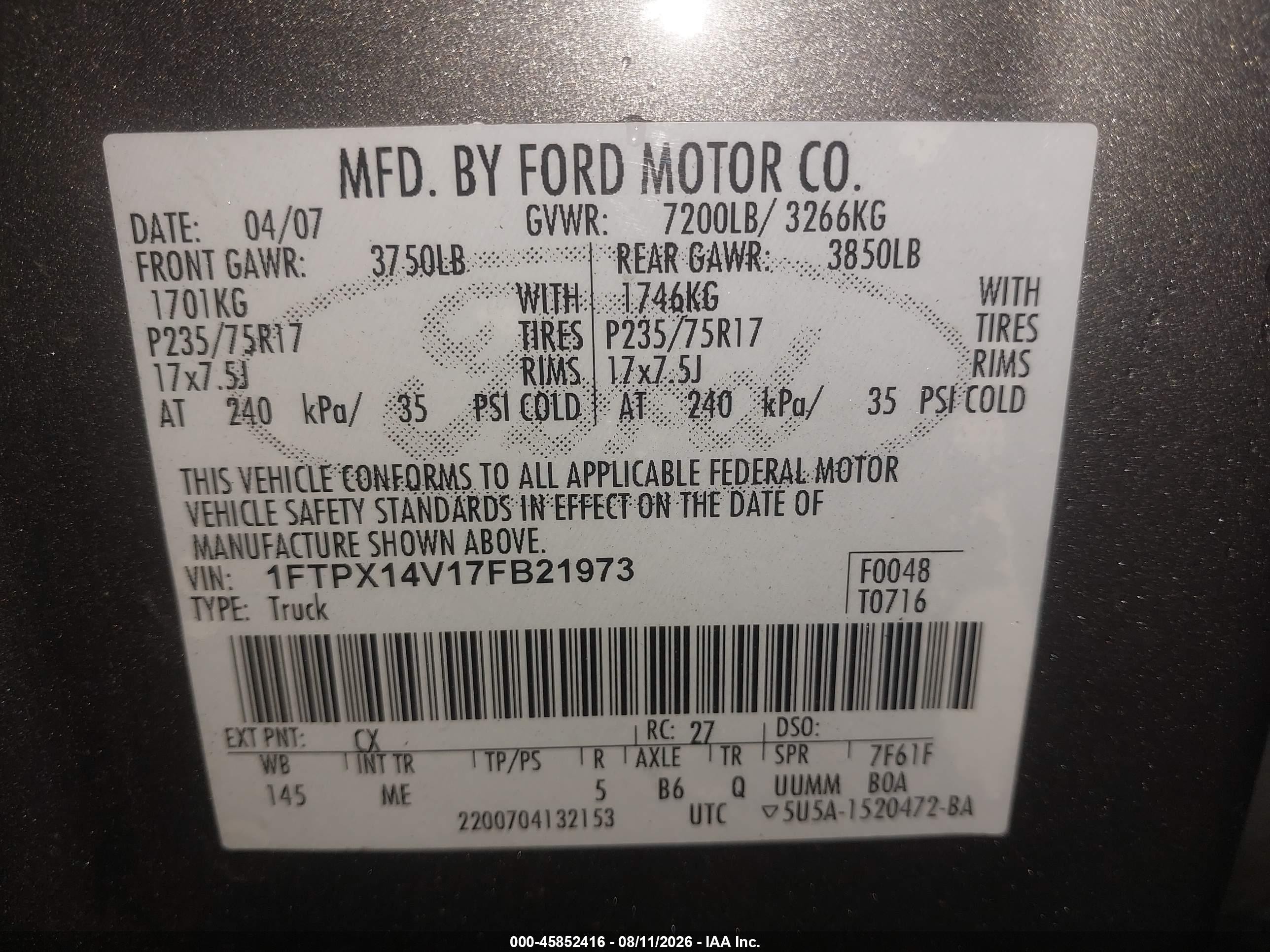2007 Ford F-150 Fx4/lariat/xl/xlt Gray vin: 1FTPX14V17FB21973