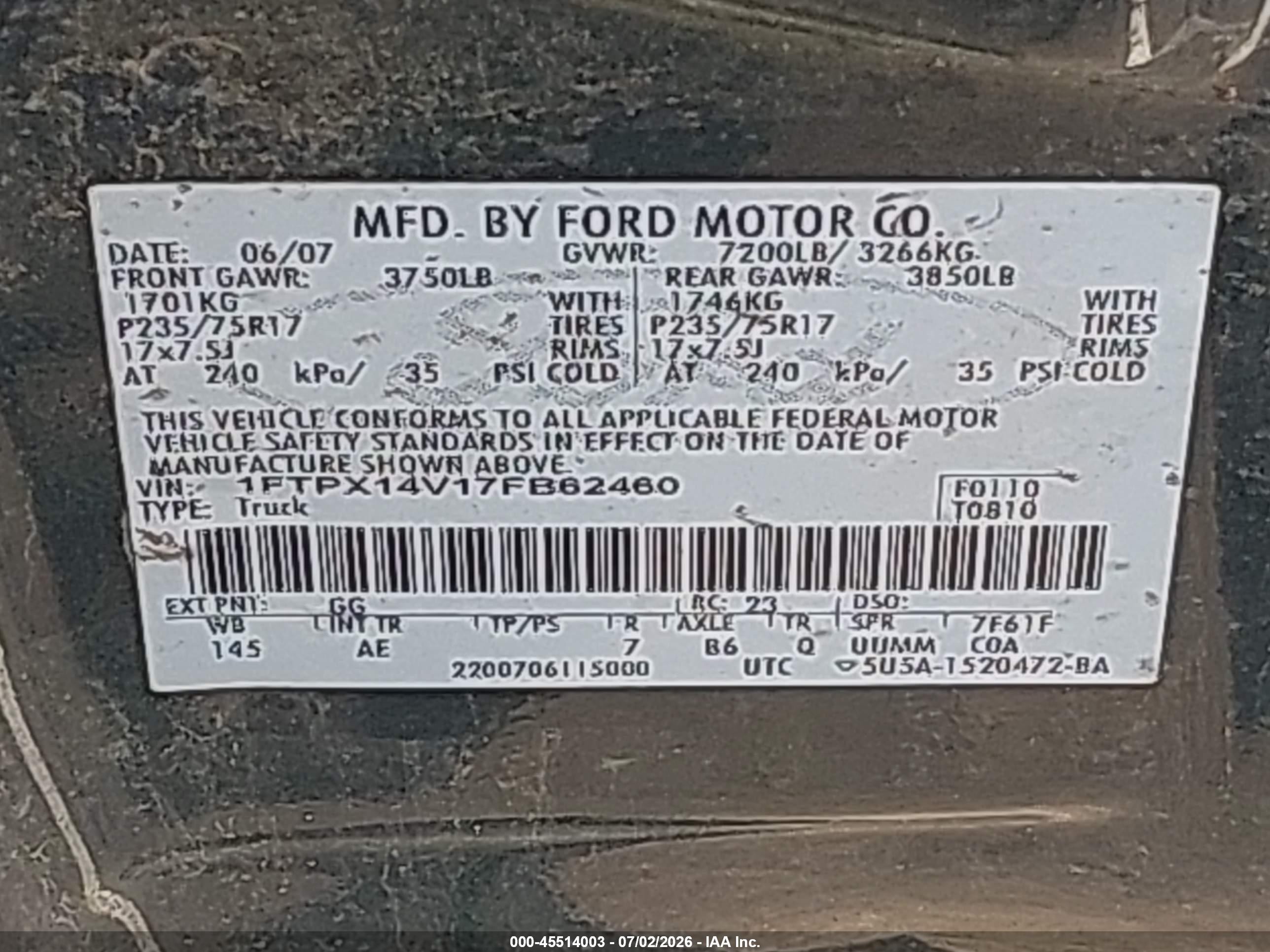 2007 Ford F150   Green vin: 1FTPX14V17FB62460