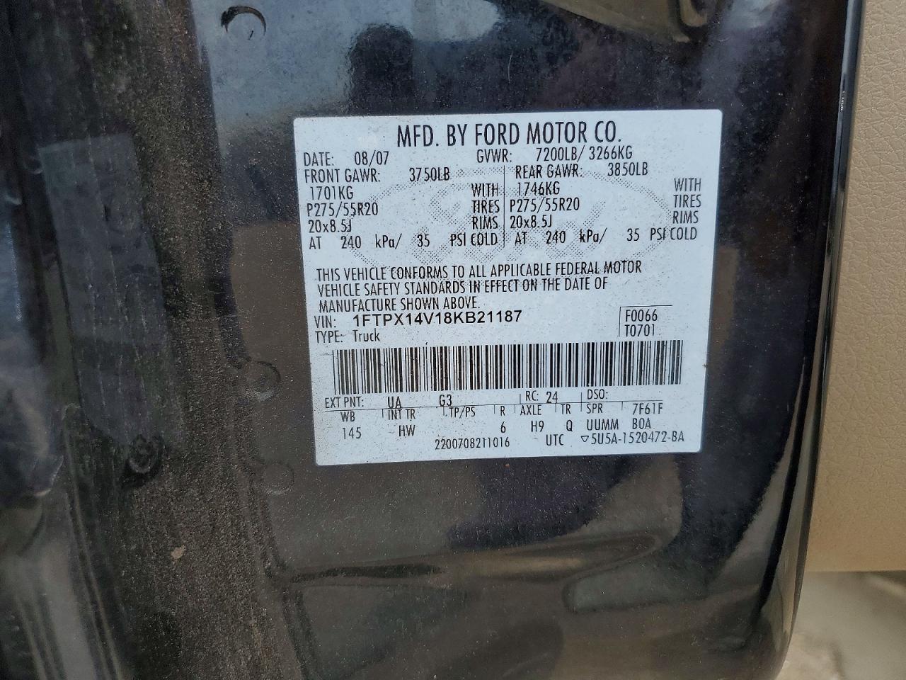 2008 Ford F150 Black vin: 1FTPX14V18KB21187