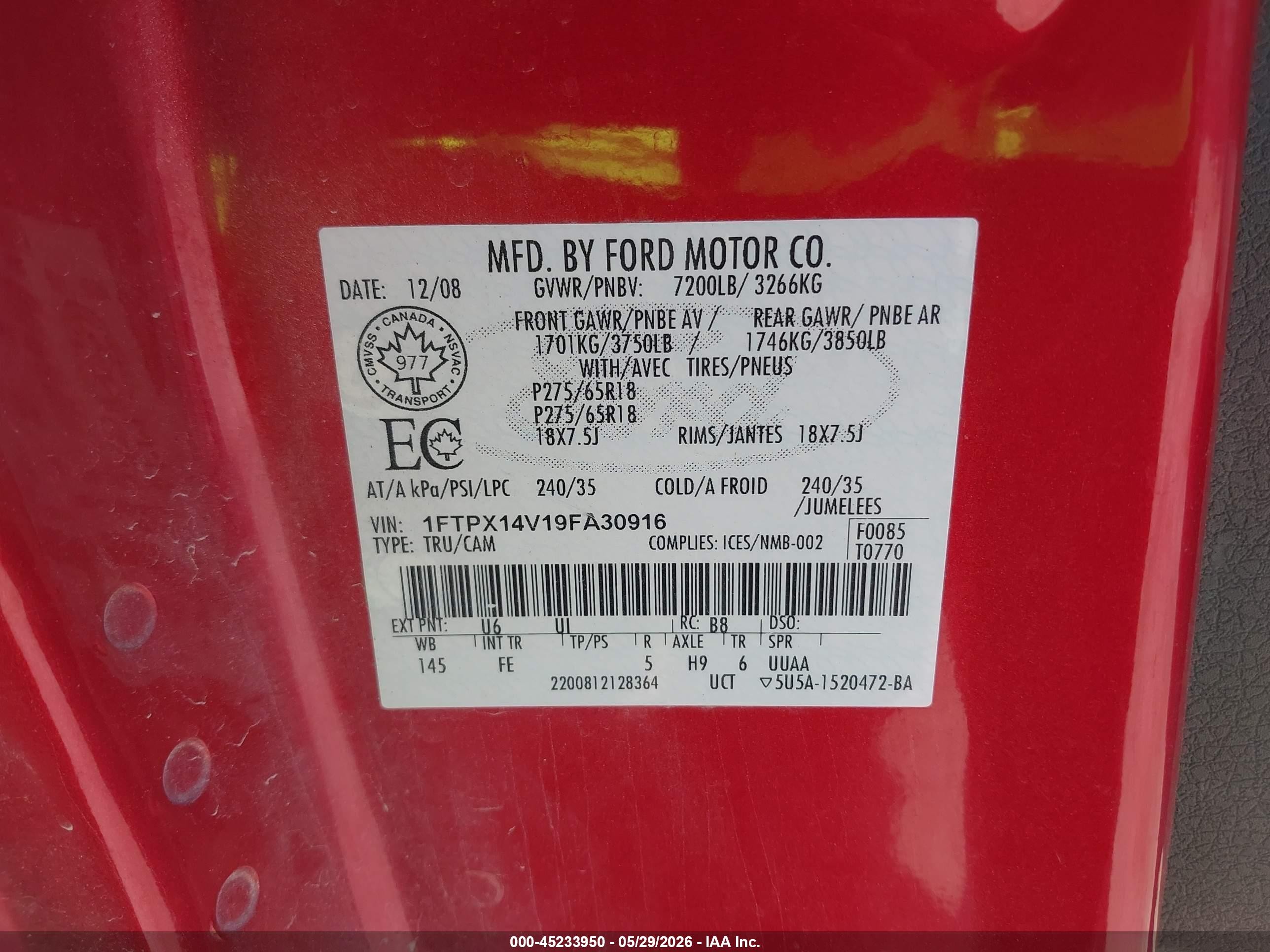 2009 Ford F-150 Fx4/lariat/xl/xlt Red vin: 1FTPX14V19FA30916
