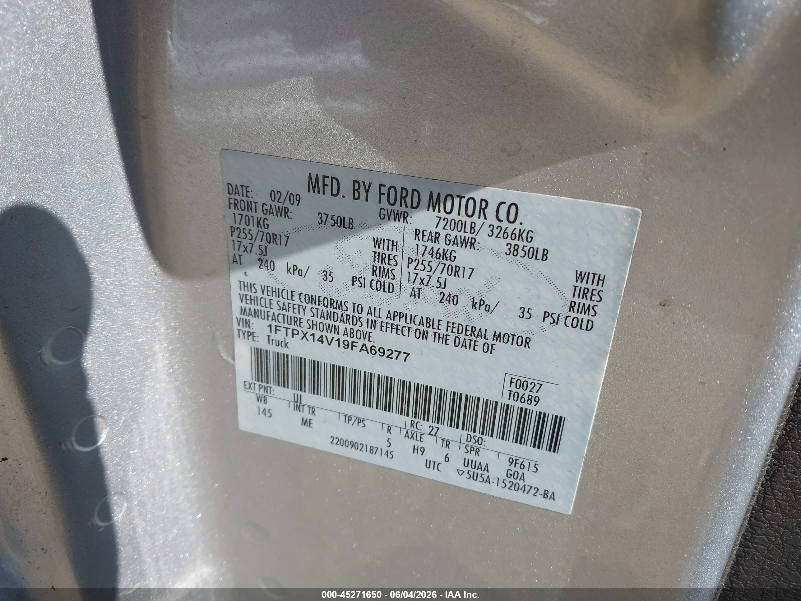 2009 Ford F-150 Fx4/lariat/xl/xlt Silver vin: 1FTPX14V19FA69277