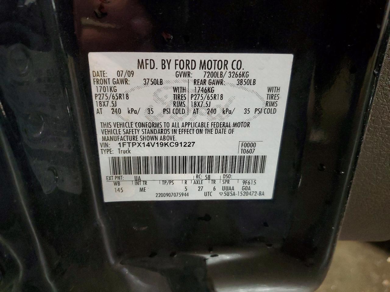 2009 Ford F150 Super Cab Black vin: 1FTPX14V19KC91227