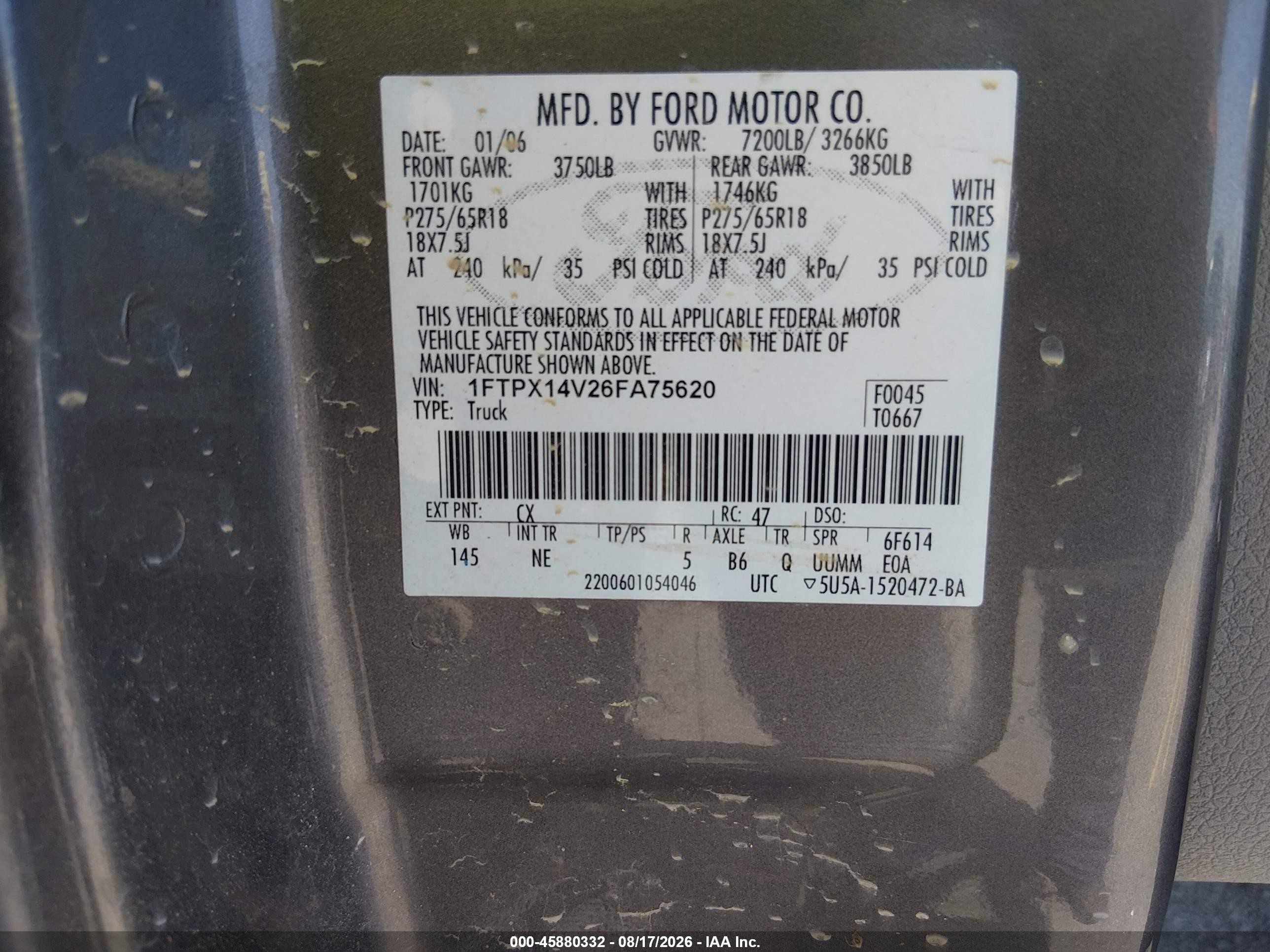 2006 Ford F-150 Fx4/lariat/xl/xlt Серый vin: 1FTPX14V26FA75620