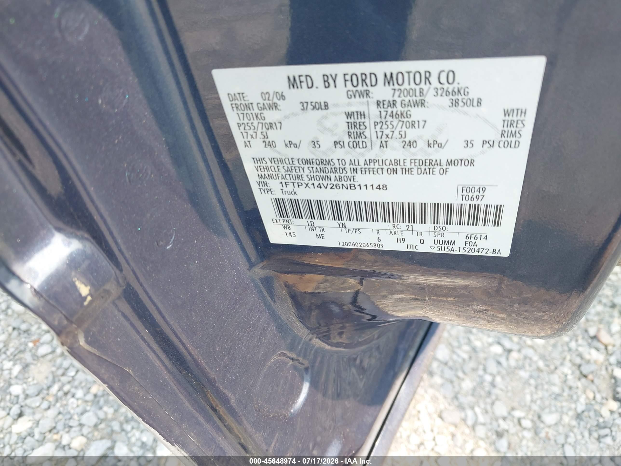 2006 Ford F-150 Fx4/lariat/xl/xlt Синий vin: 1FTPX14V26NB11148