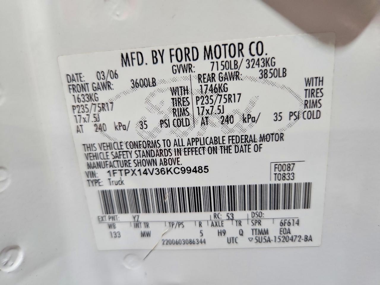 2006 Ford F150 Белый vin: 1FTPX14V26NB26930