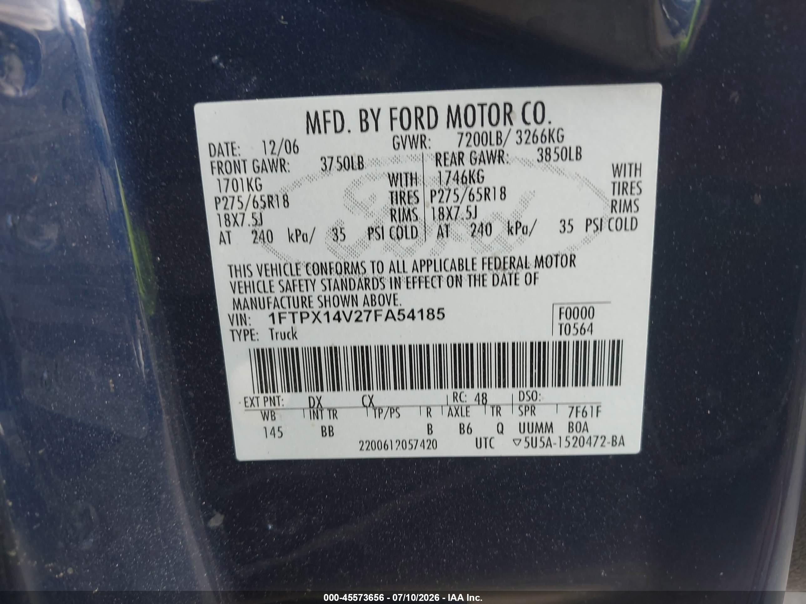 2007 Ford F-150 Fx4/lariat/xl/xlt Синий vin: 1FTPX14V27FA54185