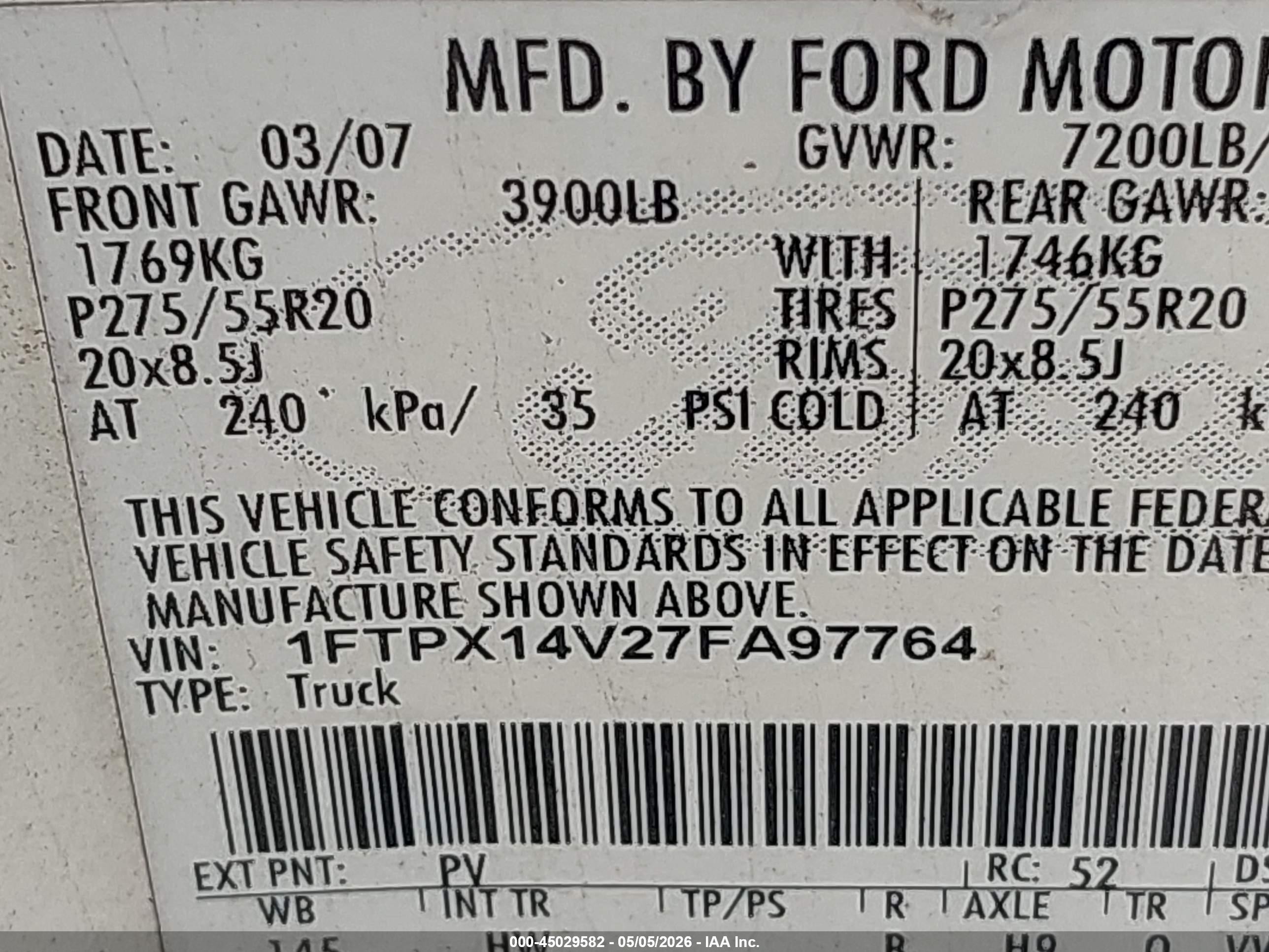 2007 Ford F-150 Fx4/lariat/xl/xlt White vin: 1FTPX14V27FA97764