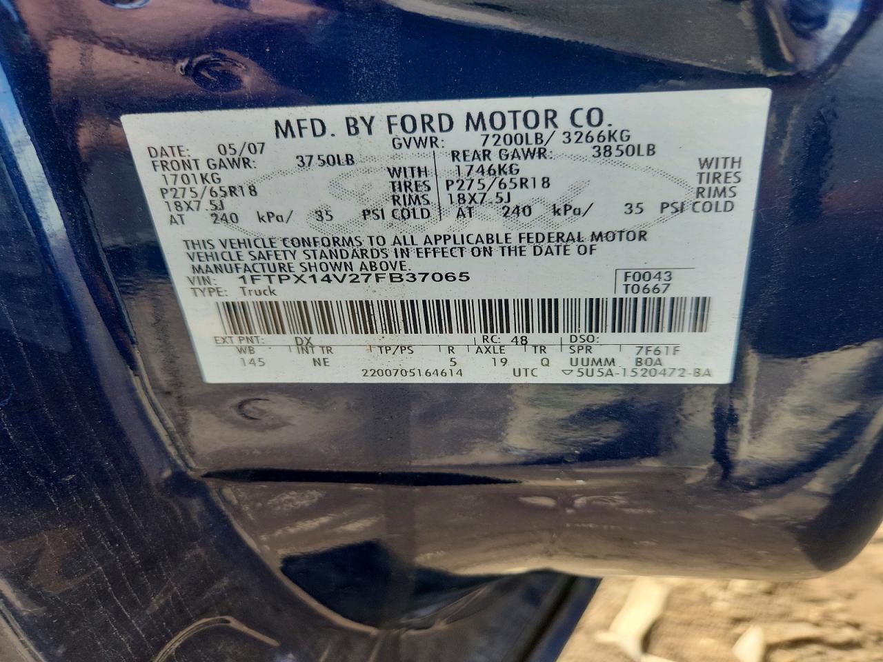 2007 Ford F150 Blue vin: 1FTPX14V27FB37065