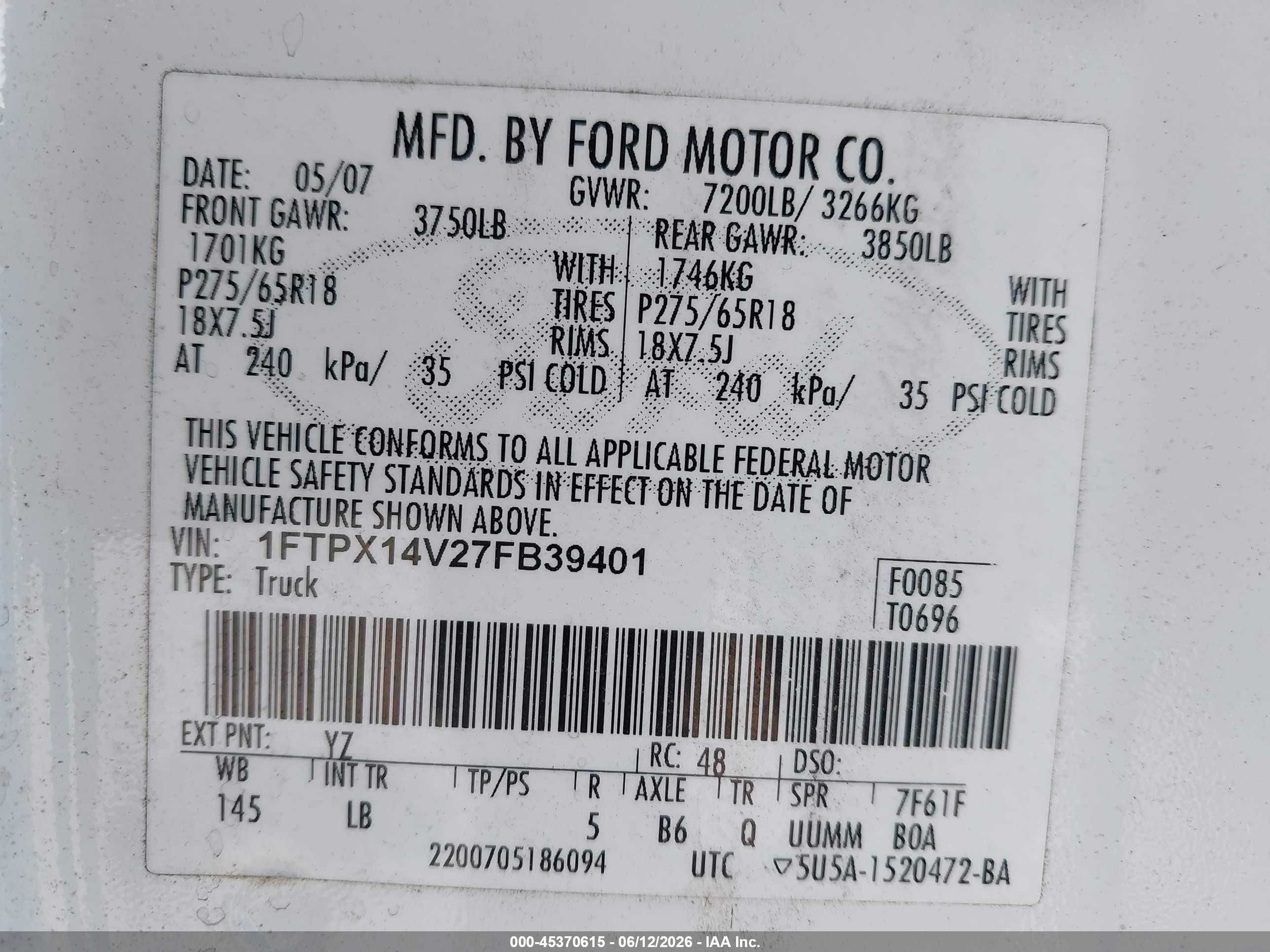2007 Ford F-150 Fx4/lariat/xl/xlt White vin: 1FTPX14V27FB39401