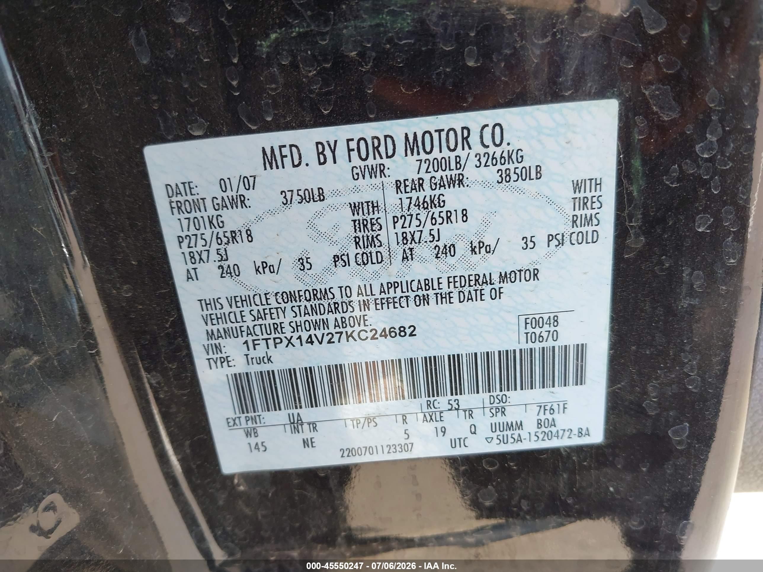2007 Ford F-150 Fx4/lariat/xl/xlt Black vin: 1FTPX14V27KC24682