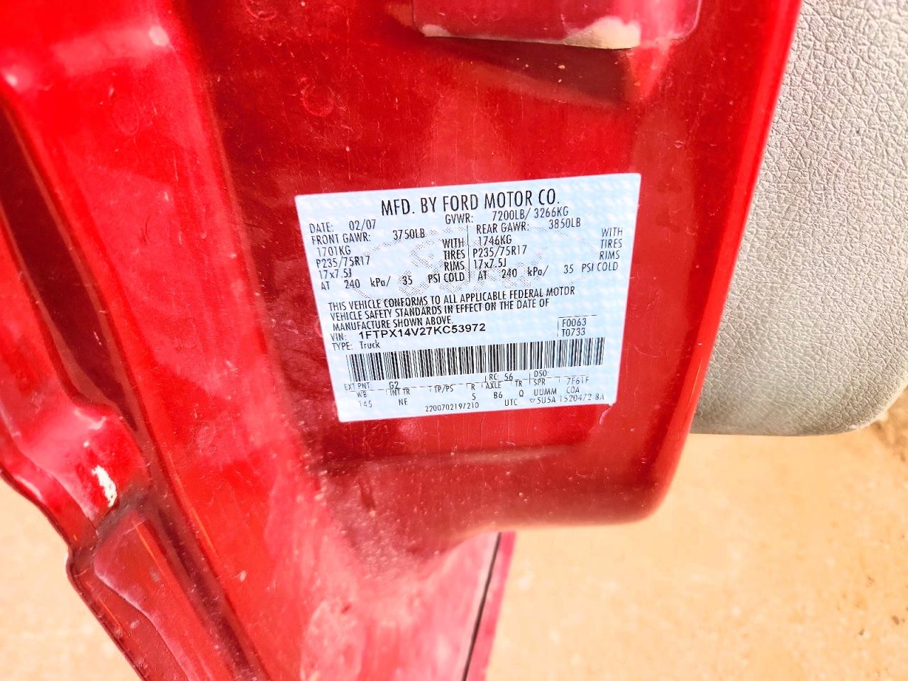 2007 Ford F150 Red vin: 1FTPX14V27KC53972