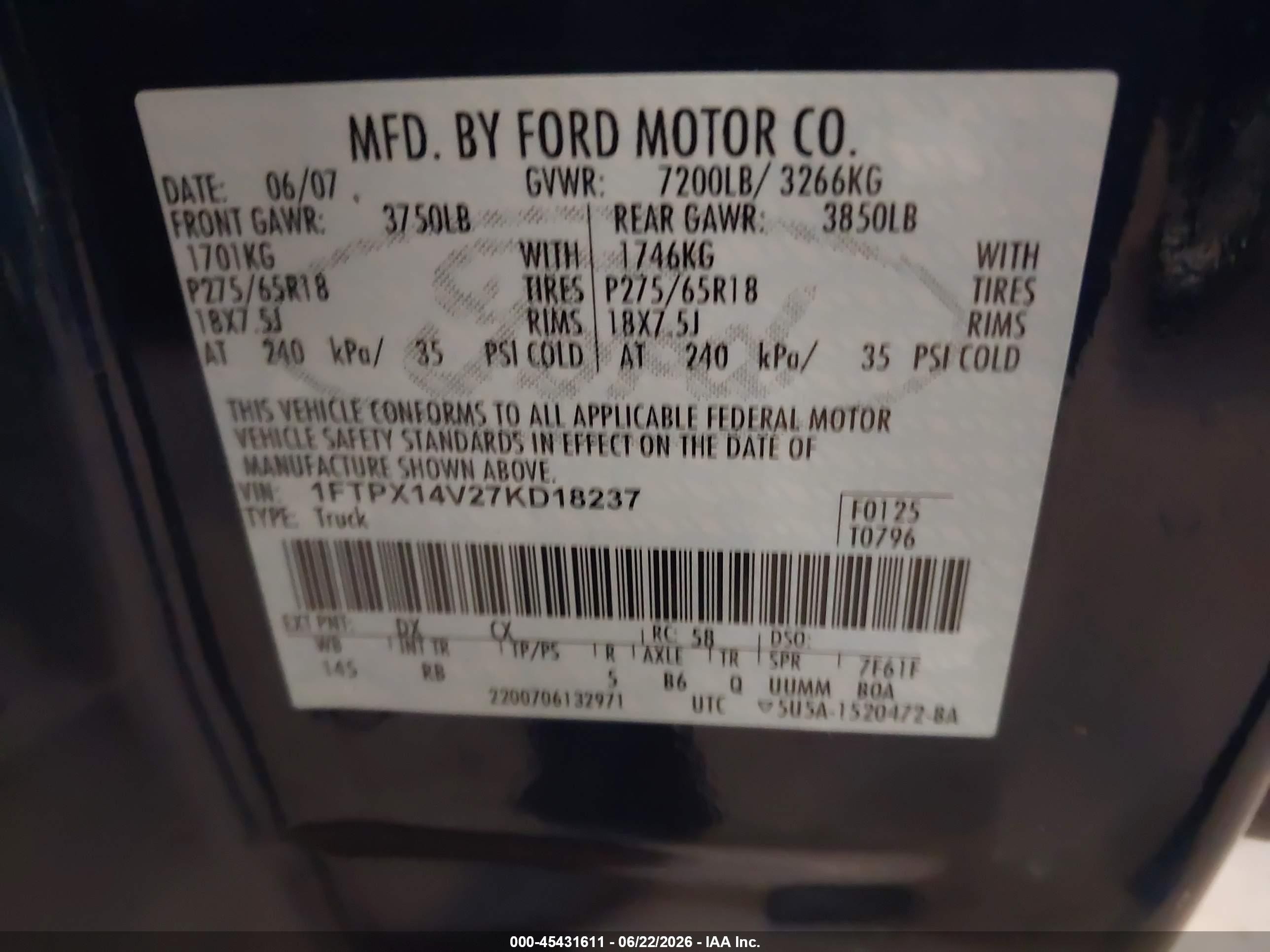 2007 Ford F-150 Fx4/lariat/xl/xlt Blue vin: 1FTPX14V27KD18237