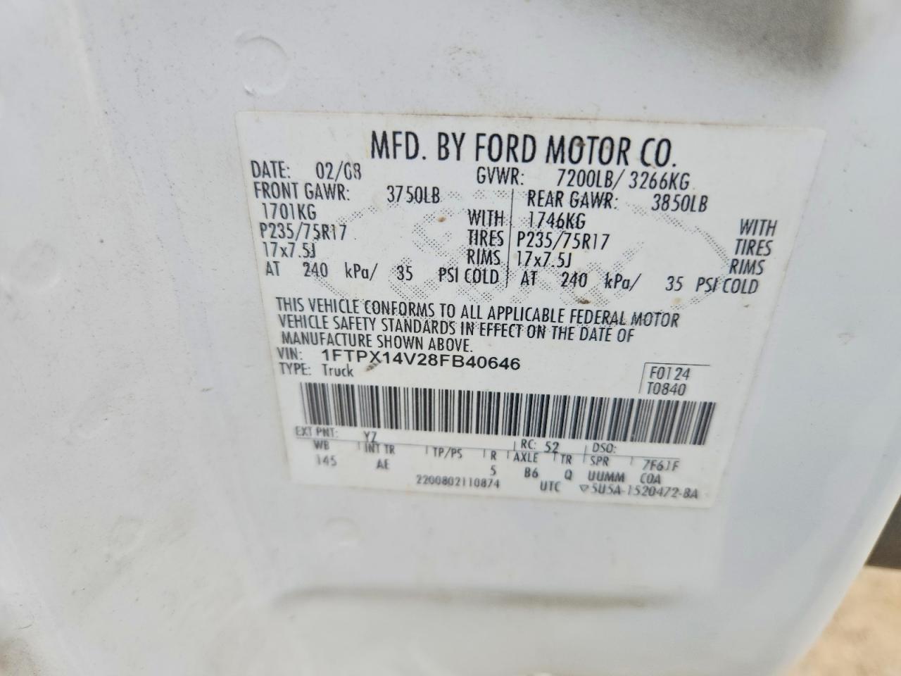 2008 Ford F150 White vin: 1FTPX14V28FB40646