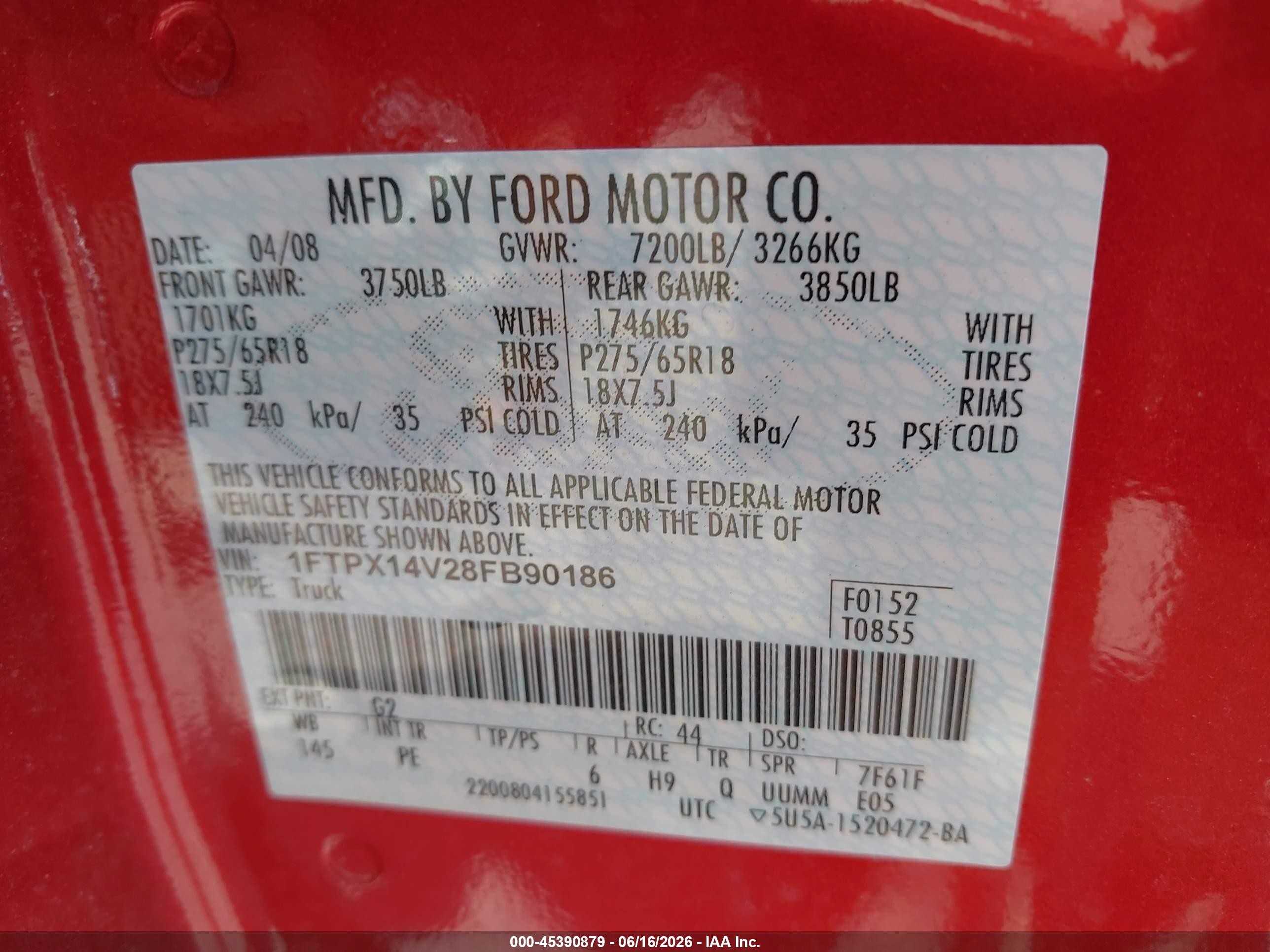 2008 Ford F-150 60th Anniversary/fx4/lariat/xl/xlt Red vin: 1FTPX14V28FB90186