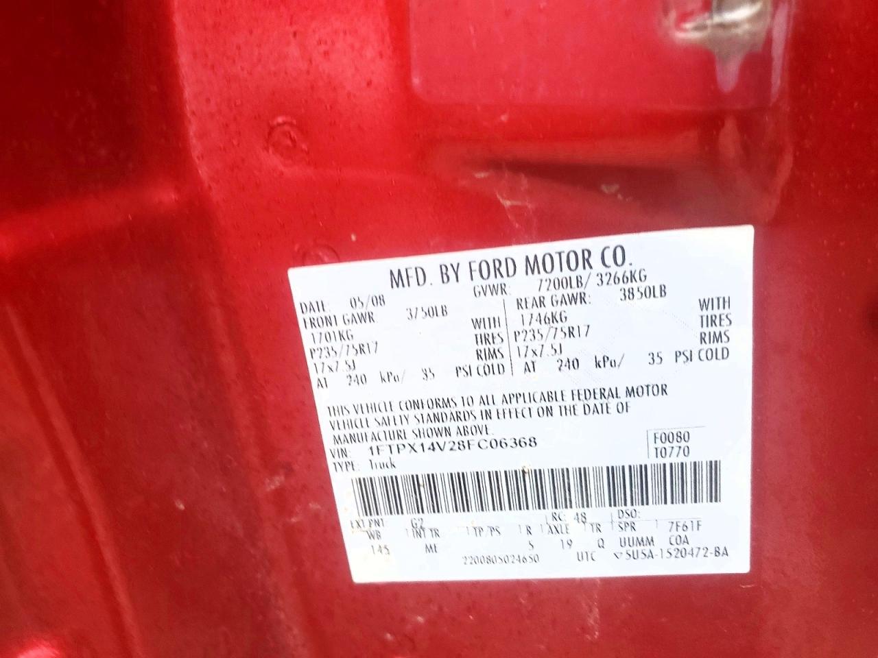 2008 Ford F150 Красный vin: 1FTPX14V28FC06368