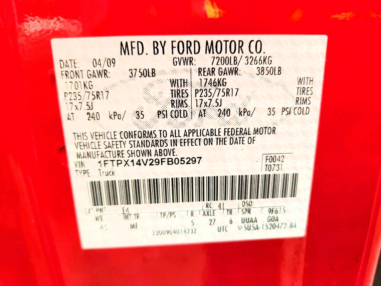 2009 Ford F150 Super Cab Red vin: 1FTPX14V29FB05297