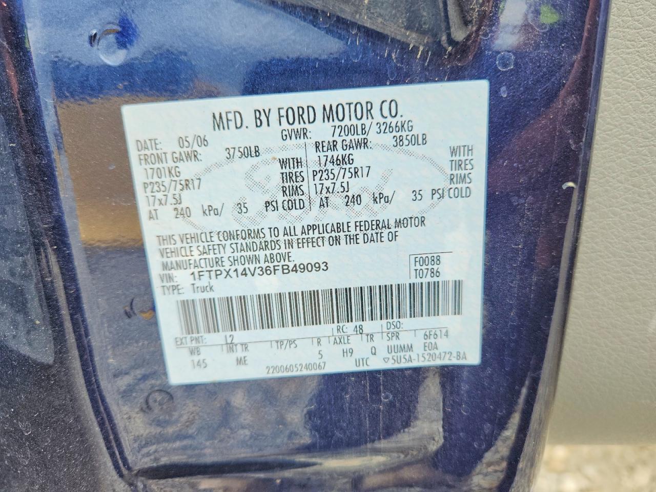 2006 Ford F150 Blue vin: 1FTPX14V36FB49093