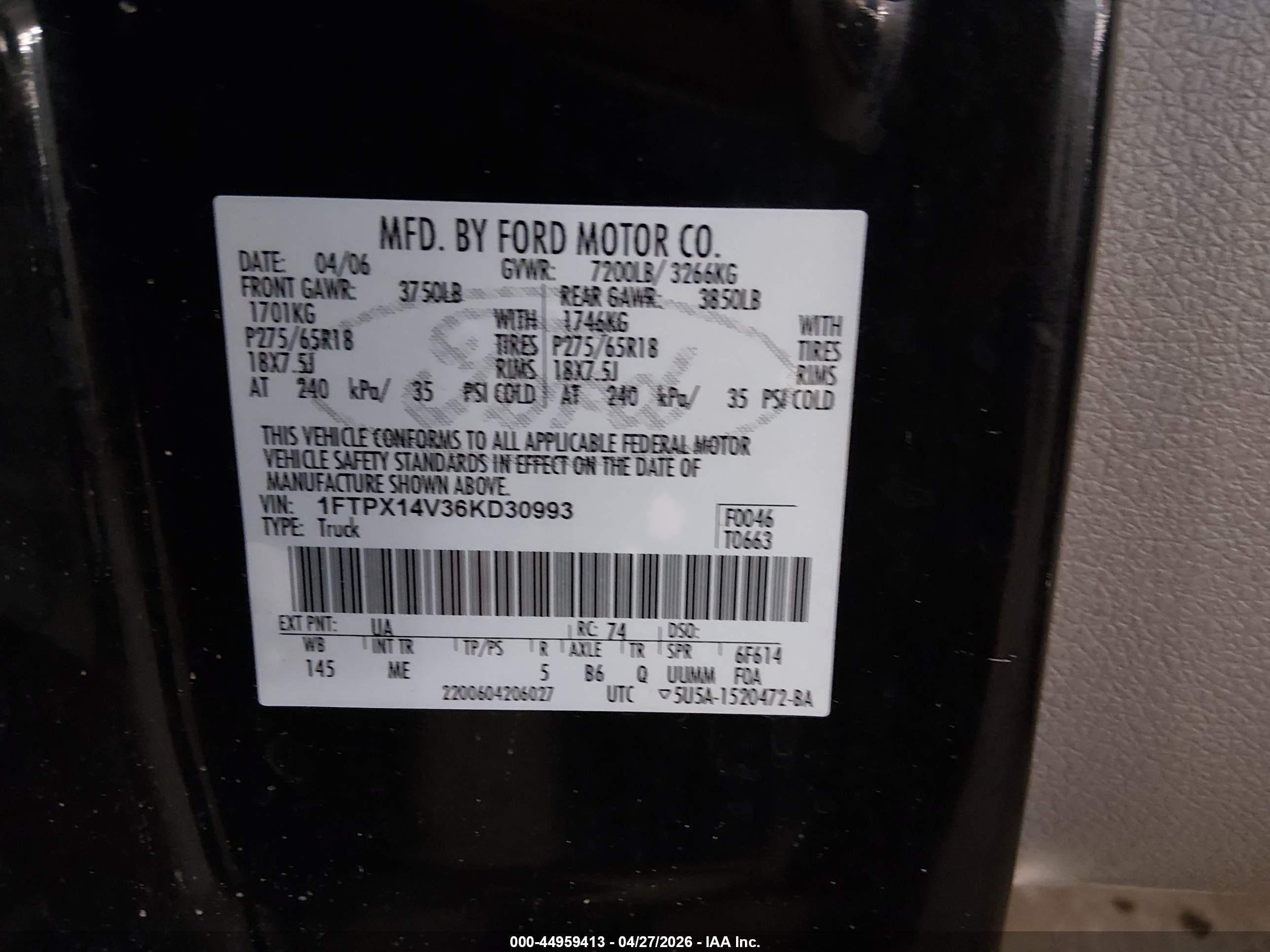 2006 Ford F-150 Fx4/lariat/xl/xlt Black vin: 1FTPX14V36KD30993