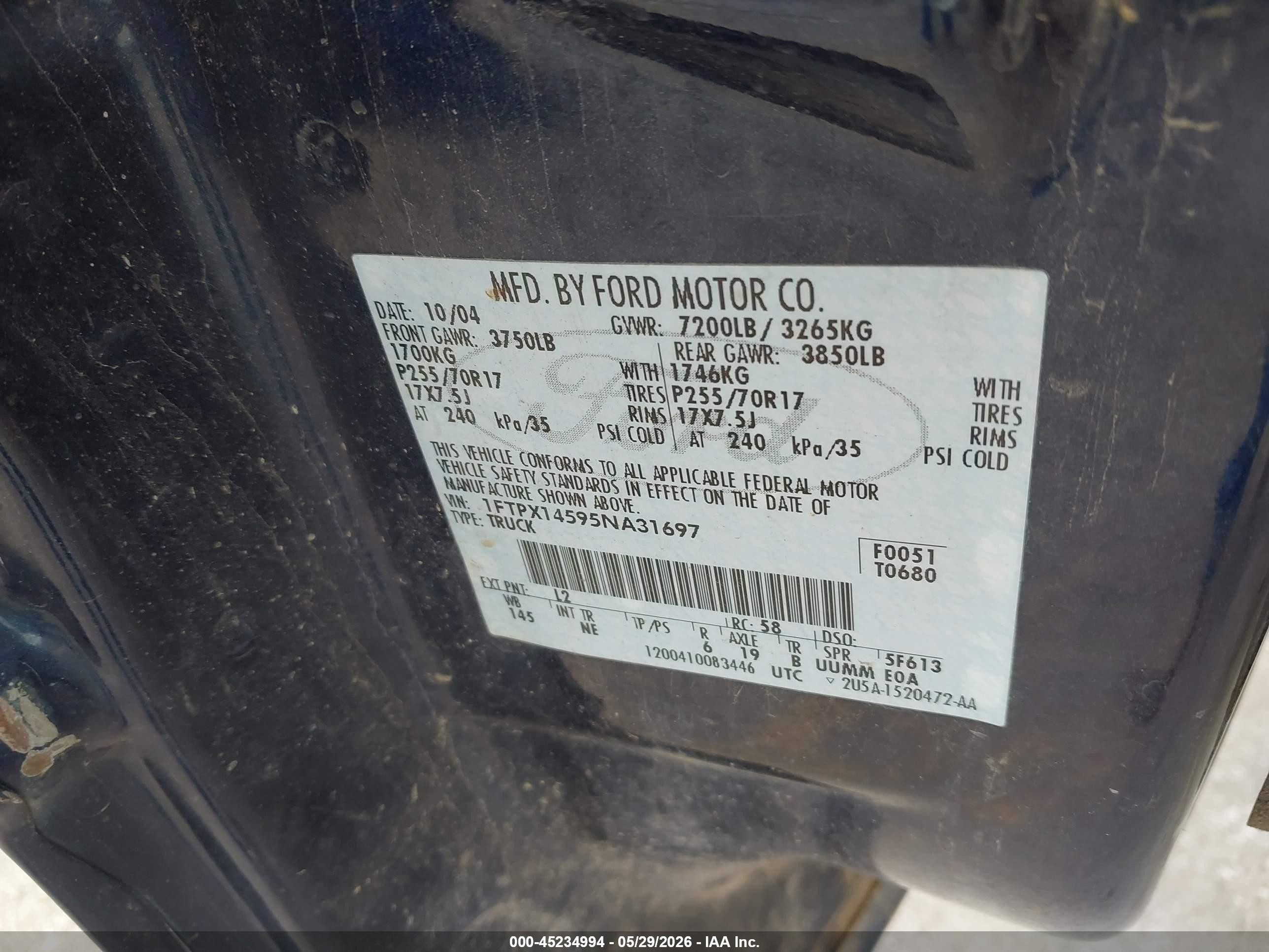 2006 Ford F-150 Fx4/lariat/xl/xlt Blue vin: 1FTPX14V36NB31747