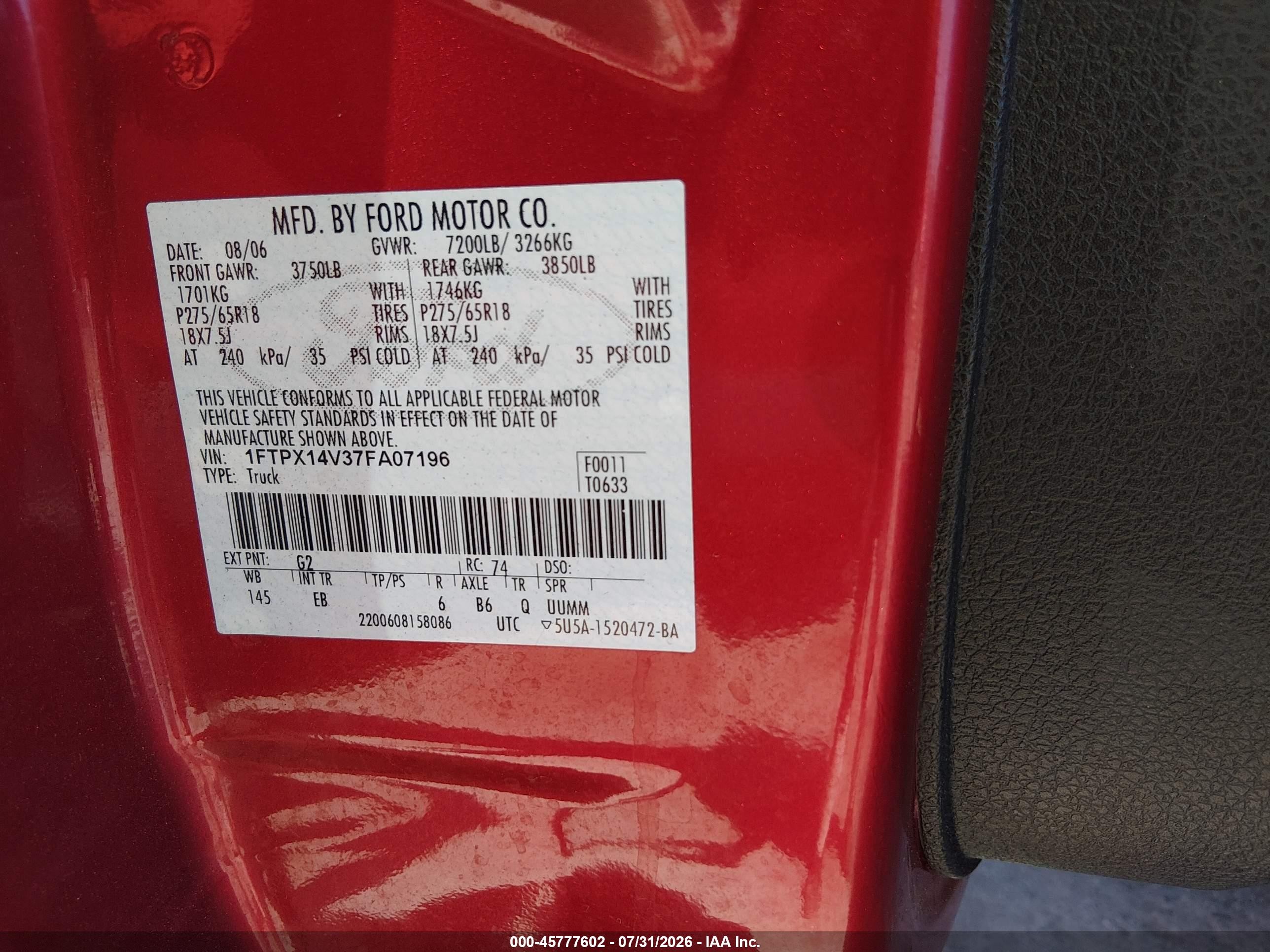 2007 Ford F-150 Fx4/lariat/xl/xlt Red vin: 1FTPX14V37FA07196