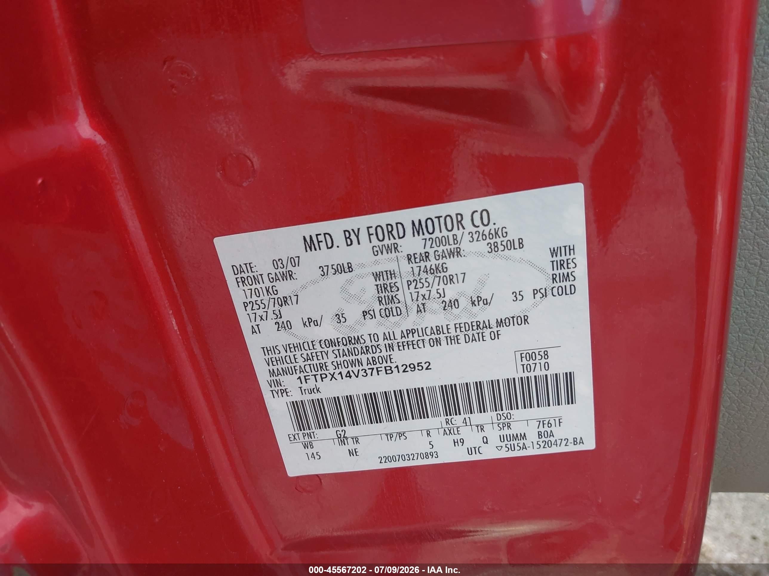 2007 Ford F-150   Red vin: 1FTPX14V37FB12952