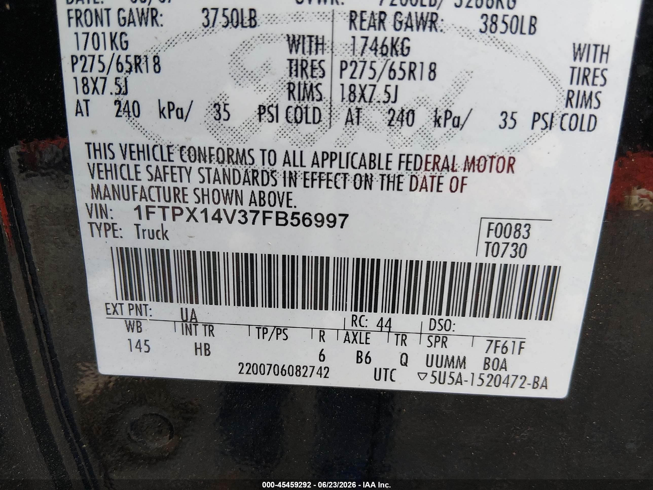 2007 Ford F-150 Fx4/lariat/xl/xlt Black vin: 1FTPX14V37FB56997