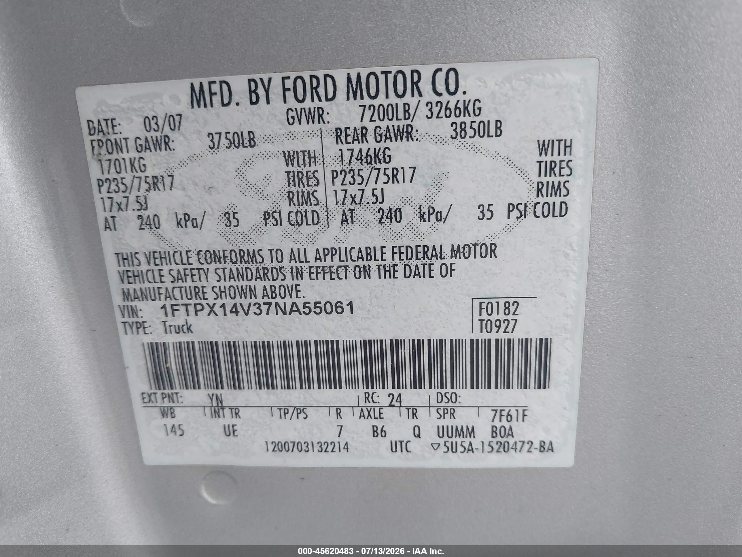2007 Ford F-150 Fx4/lariat/xl/xlt Silver vin: 1FTPX14V37NA55061