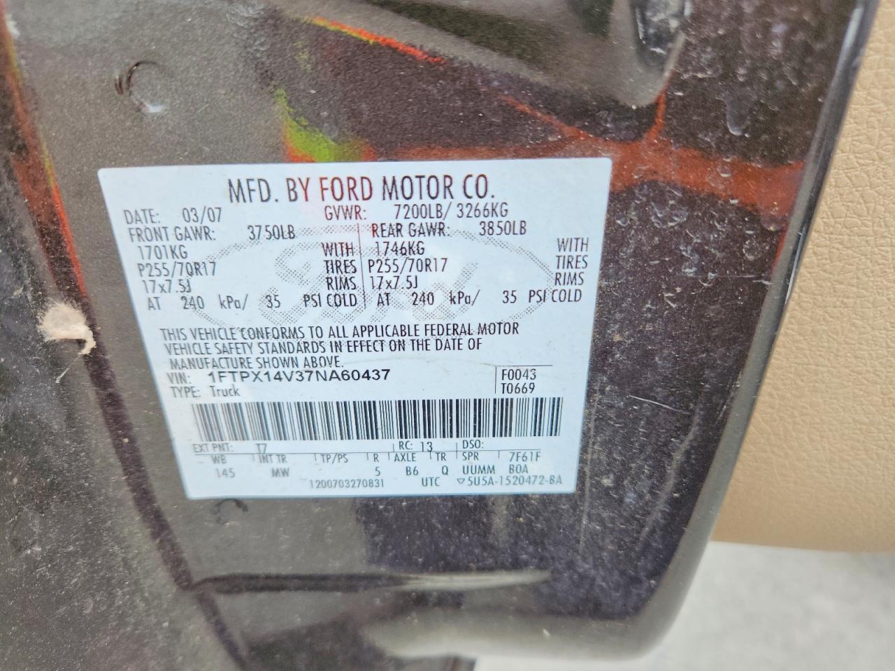 2007 Ford F150 Brown vin: 1FTPX14V37NA60437