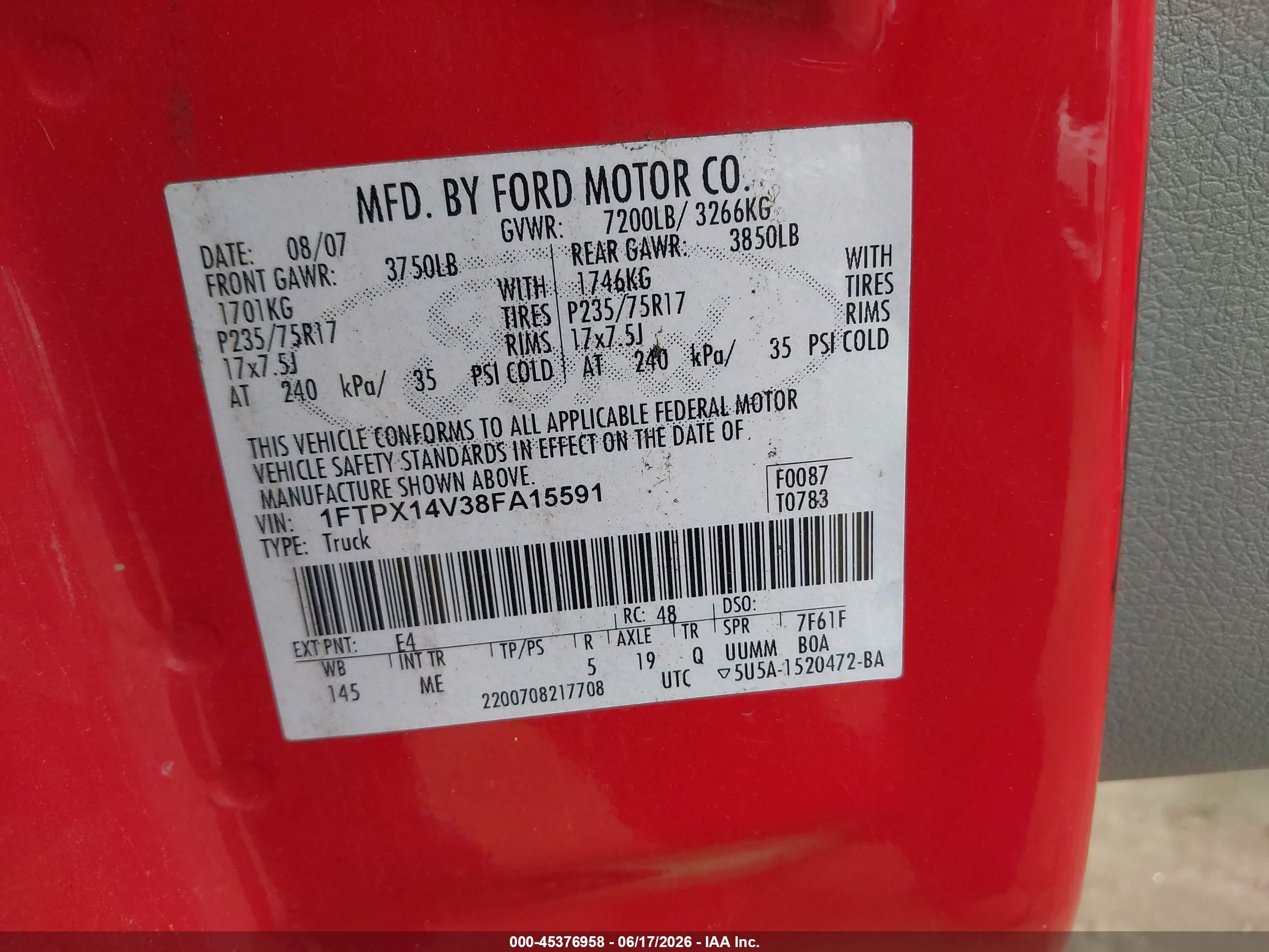 2008 Ford F-150 60th Anniversary/fx4/lariat/xl/xlt Red vin: 1FTPX14V38FA15591