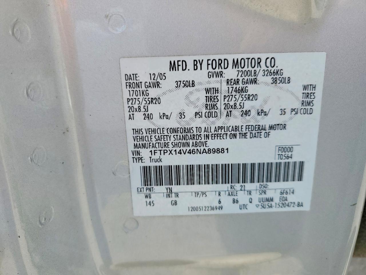 2006 Ford F150 Silver vin: 1FTPX14V46NA89881