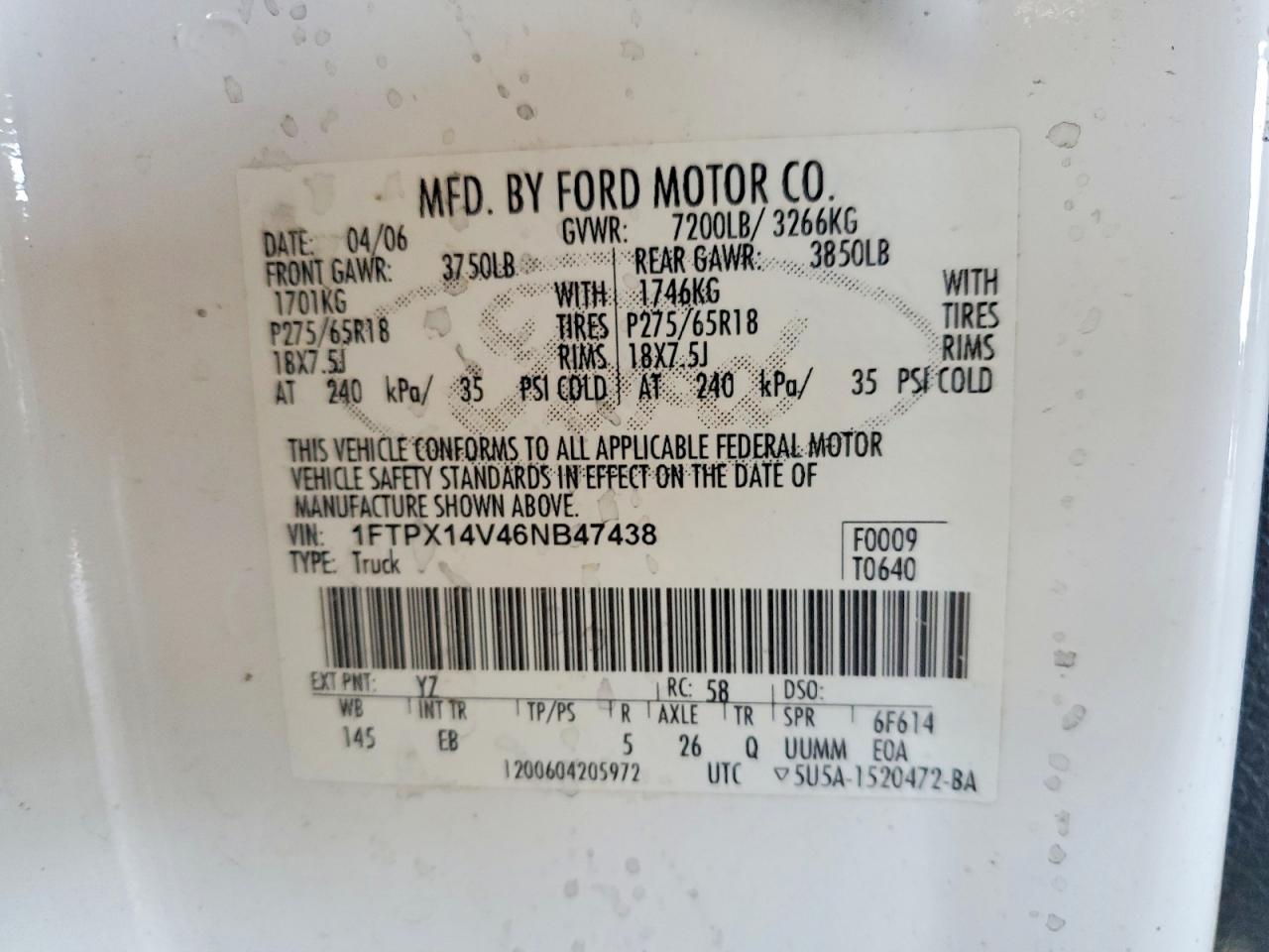 2006 Ford F150 White vin: 1FTPX14V46NB47438