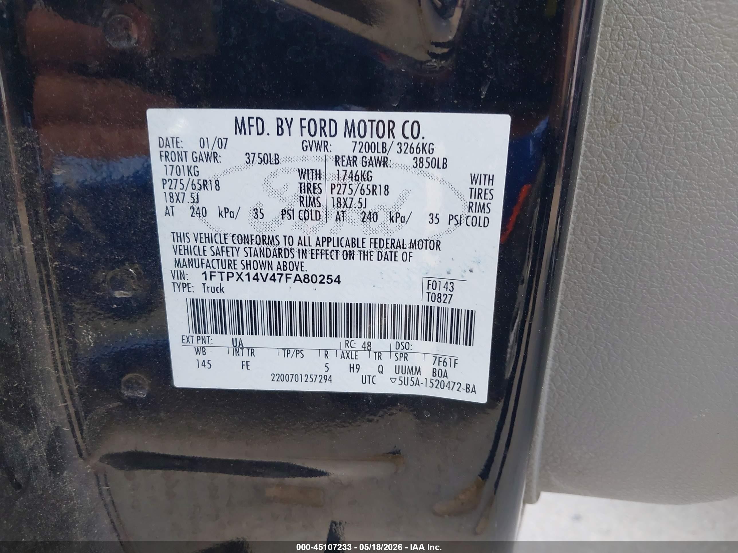 2007 Ford F-150 Fx4/lariat/xl/xlt Black vin: 1FTPX14V47FA80254