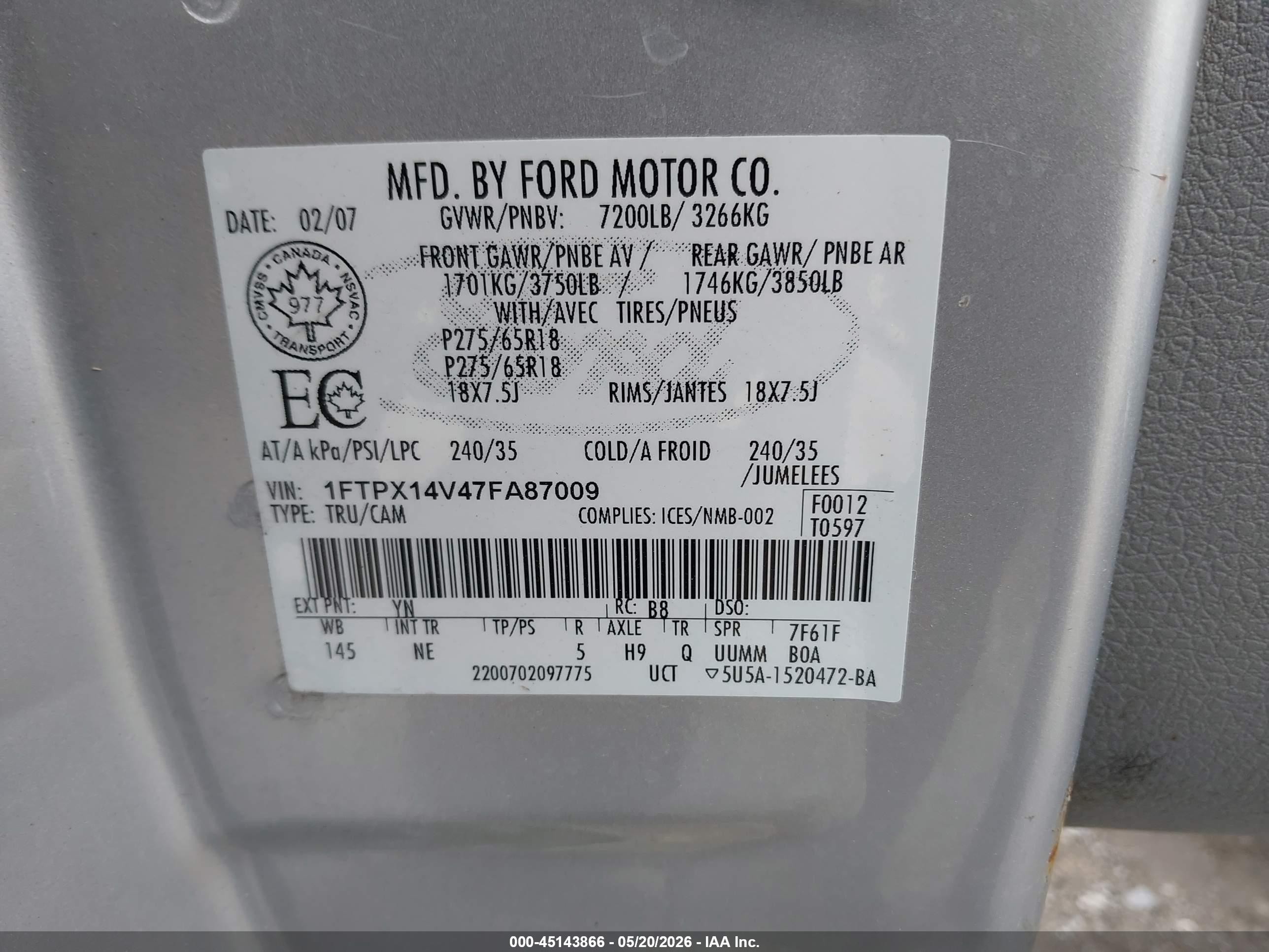 2007 Ford F-150 Fx4/lariat/xl/xlt Silver vin: 1FTPX14V47FA87009
