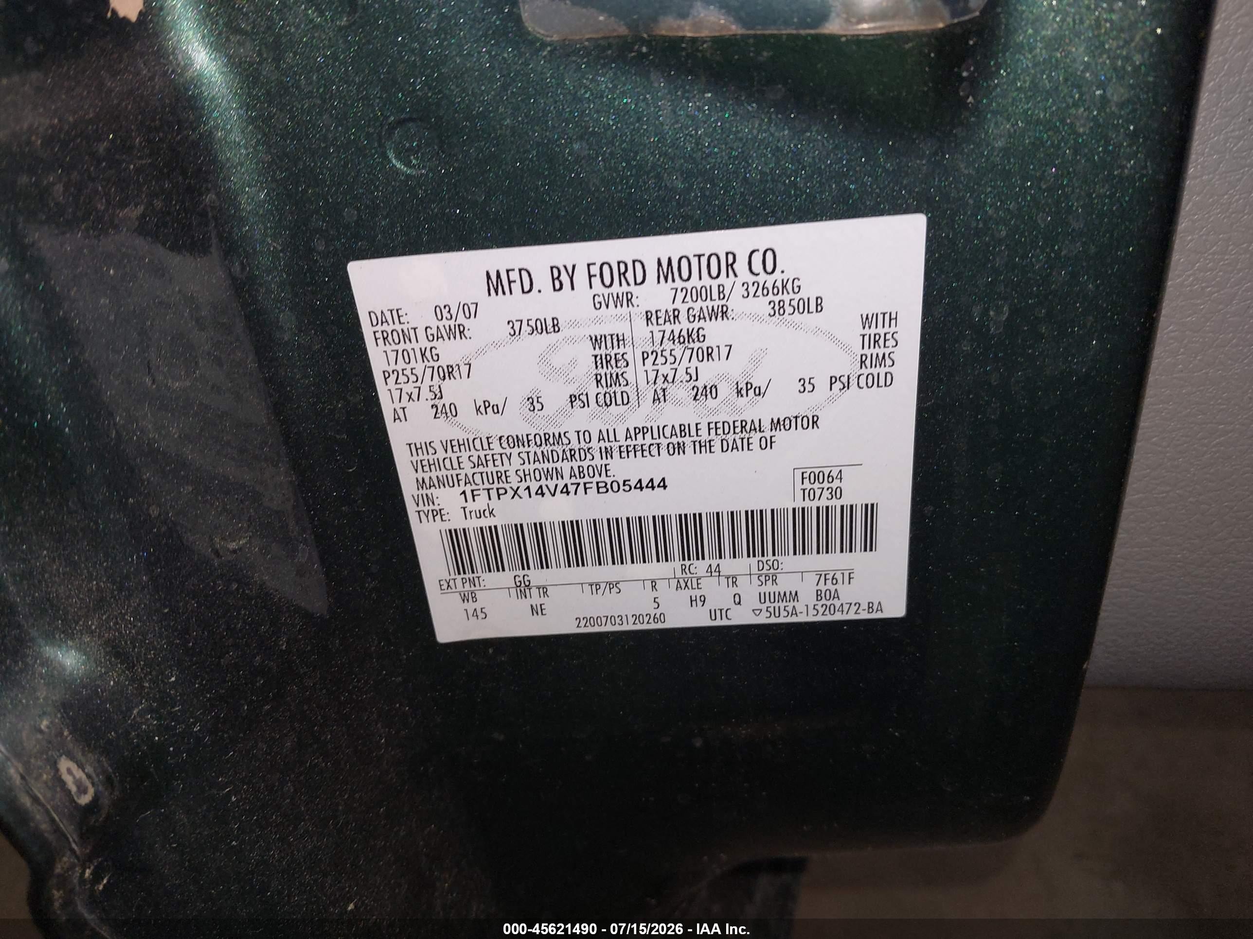 2007 Ford F-150 Fx4/lariat/xl/xlt Зеленый vin: 1FTPX14V47FB05444