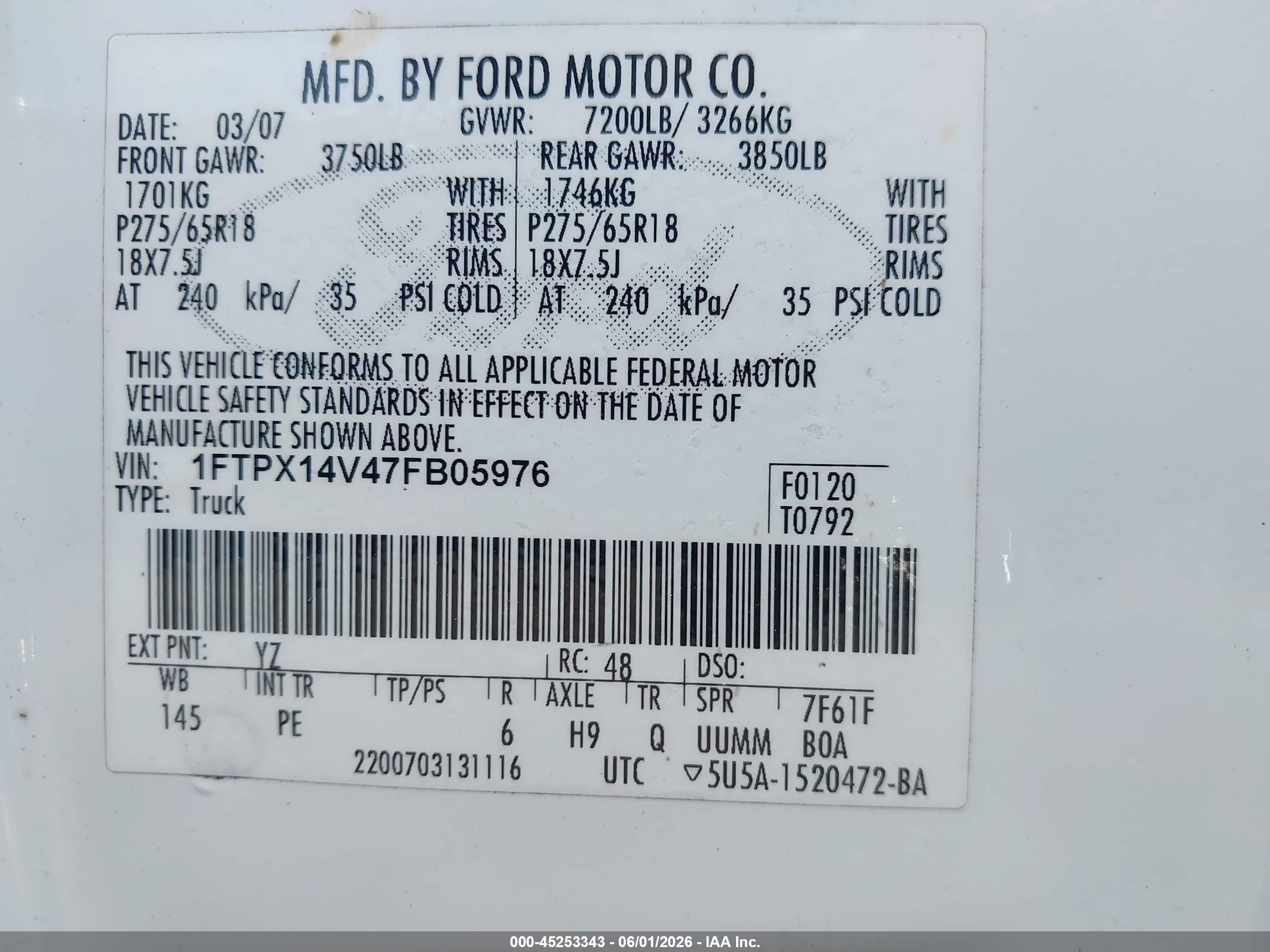 2007 Ford F-150 Fx4/lariat/xl/xlt White vin: 1FTPX14V47FB05976
