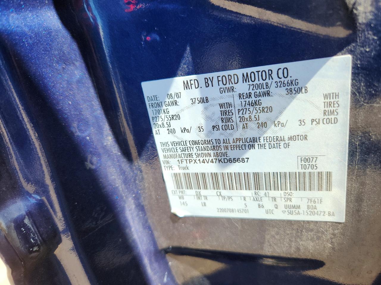 2007 Ford F150 Blue vin: 1FTPX14V47KD65687