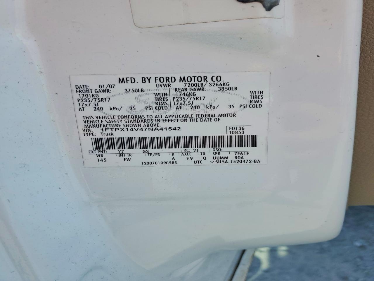 2007 Ford F150 White vin: 1FTPX14V47NA41542