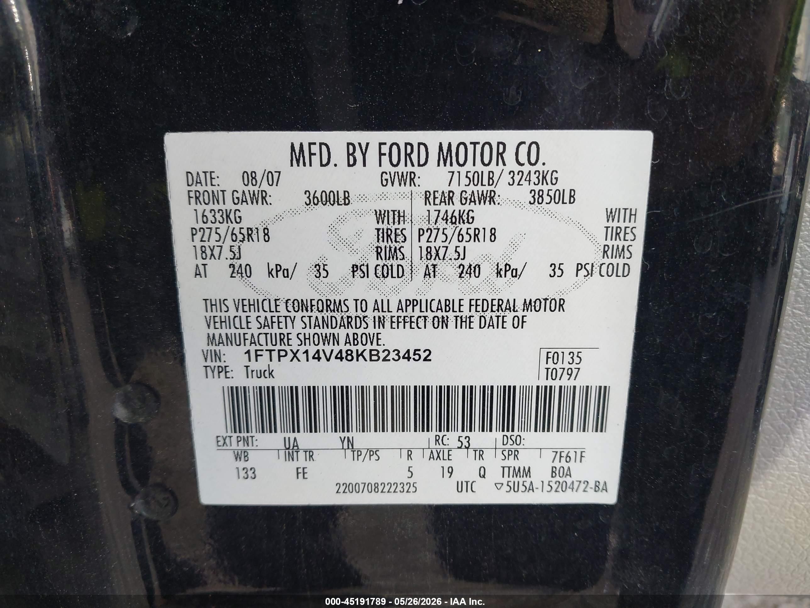 2008 Ford F-150 Fx4/lariat/xl/xlt Black vin: 1FTPX14V48KB23452