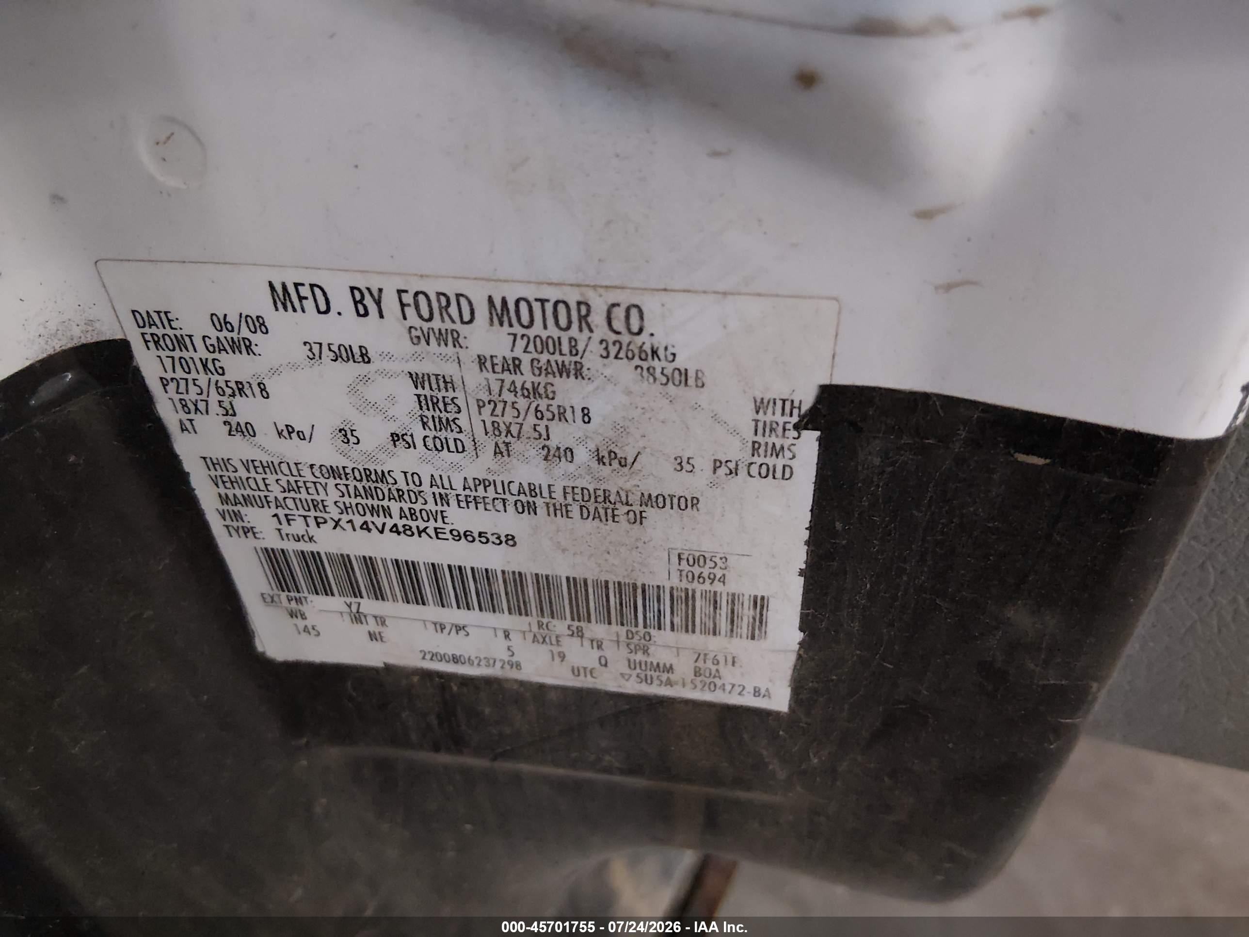 2008 Ford F-150 60th Anniversary/fx4/lariat/xl/xlt White vin: 1FTPX14V48KE96538
