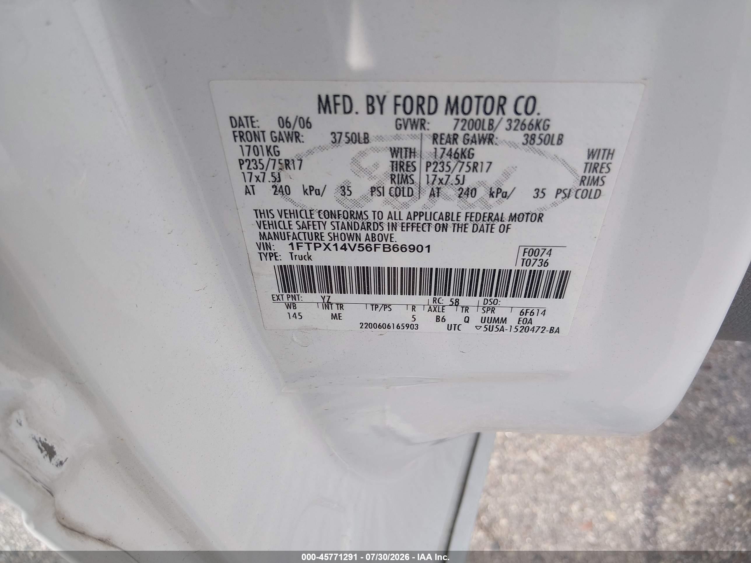 2006 Ford F-150 Fx4/lariat/xl/xlt White vin: 1FTPX14V56FB66901