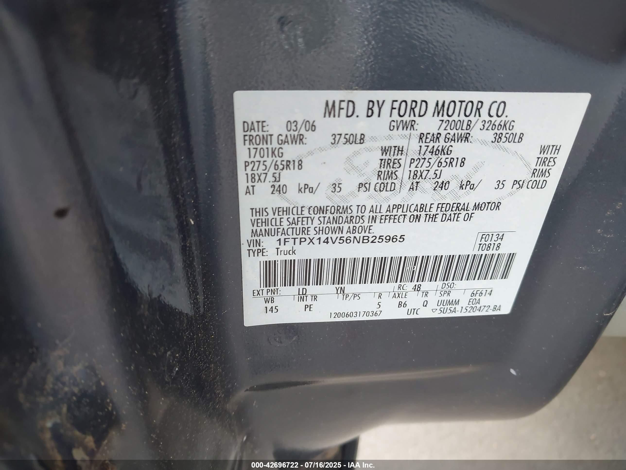 2006 Ford F-150 Fx4/lariat/xl/xlt Синий vin: 1FTPX14V56NB25965